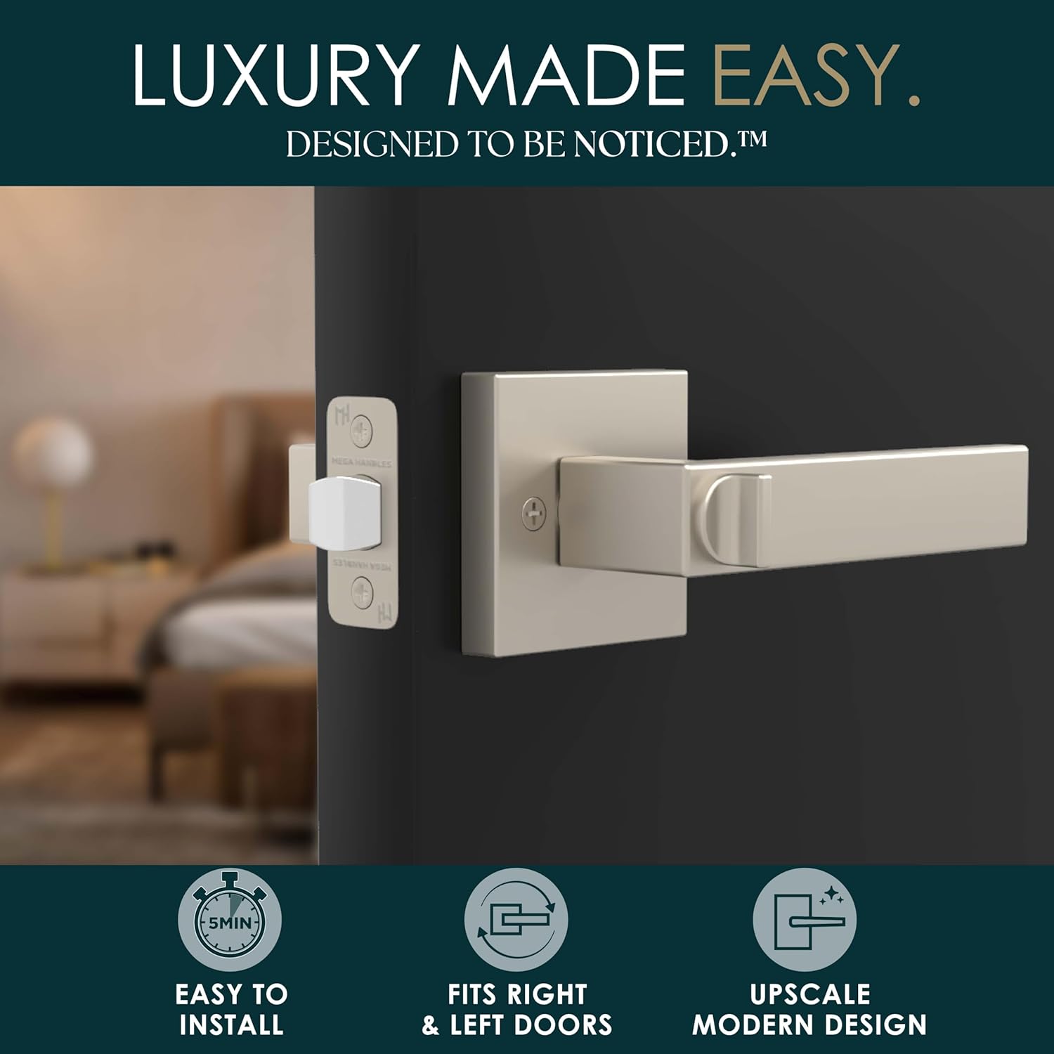 Mega Handles ROBELL Privacy Door Handle with Lock, Door Handles for Bedrooms & Bathroom, Modern Interior Door Levers with Handle Lock - Satin Nickel (1 Pack)