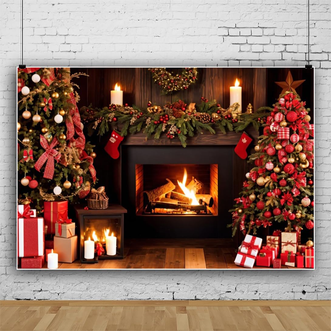 Renaiss 3 x 2,1 m sfondo a tema camino natalizio per fotografia sfondo decorazione camino di Natale alberi di Natale regali calze sfondo festa sfondo decorazione natale camino foto studio puntelli