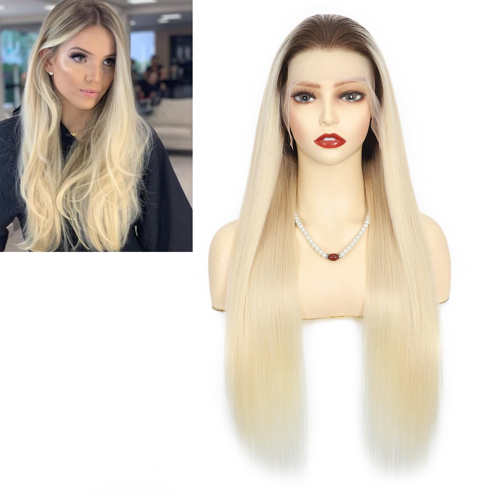 Peruka z prawdziwych włosów ombre, jasny blond dla kobiet, bezklejowa, koronkowa peruka (13 x 6), 100% ludzkie włosy Remy, ciemne wzory, 55 cm