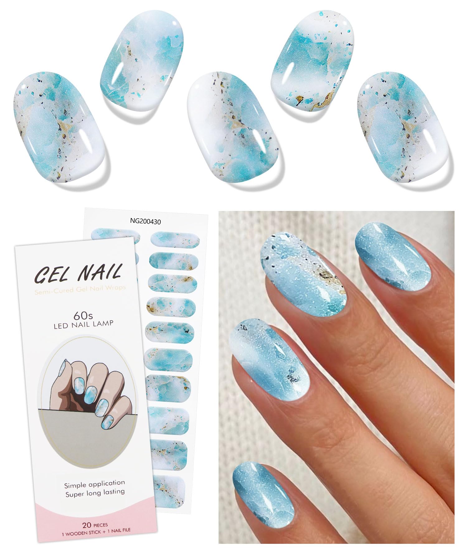 JMEOWIO Gel-Nagelfolien Selbstklebend – 20 Stück, Orange-Blau Marmor Design, UV-härtend