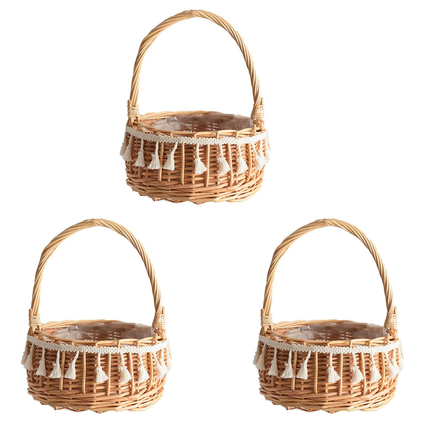 Hndhbfgrt 3X Woven Storage Basket and Ribbon Wedding Flower Girl Baskets Wicker Rattan Flower Basket for Home Garden Decor