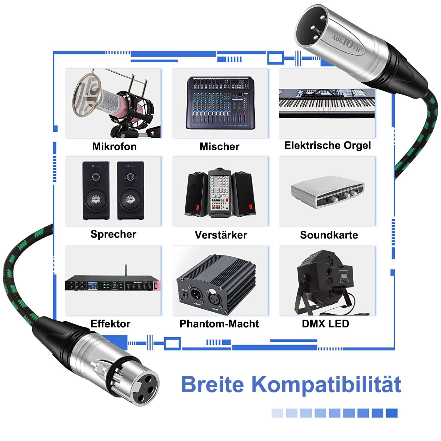 Cable de micrófono XLR a XLR Pro de 2 metros, paquete de 2 cables XLR macho a hembra de 3 pines, cable de micrófono blindado equilibrado verde para mezclador amplificador, sistemas de