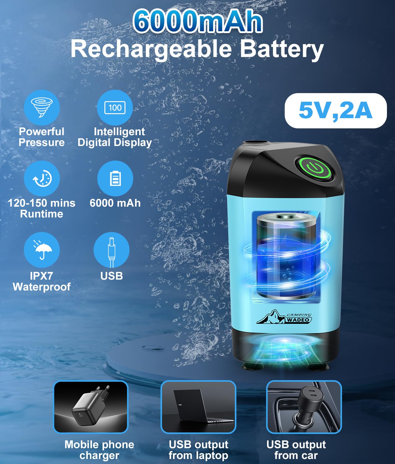 WADEO Doccia da Campeggio, [Colori Vivaci, Stile Unico] [Classica Versione] Batteria Ricaricabile 6000mAh, Doccia Portatile per Spiaggia, Animali, Auto, Giardino