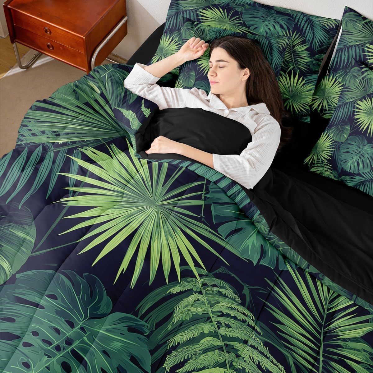 Erosebridal Palm Leaves Queen Comforter Set 7 Pieces, Monstera Bed in A Bag for Bedroom, Hawaii Tropical Leaves Bedding Set with Comforters, Sheets, Pillowcases Summer Boho Hippie Style Room Decor