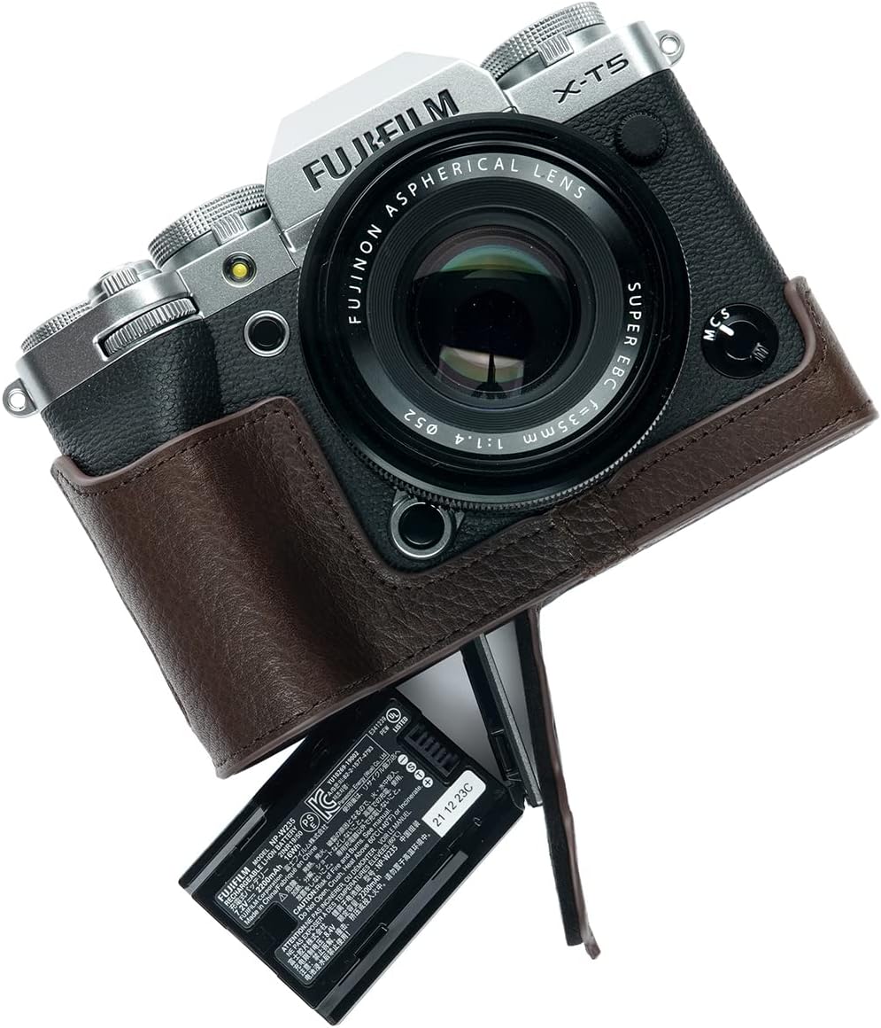 X-T5 Camera Case, BolinUS Handmade Genuine Real Leather Half Camera Case Bag Cover for Fujifilm Fuji X-T5 XT5 Camera Bottom Opening Version + Hand Strap (Coffee) image 3