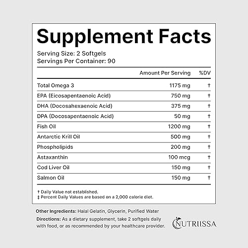 Miniatura 5 de Nutriissa Omega-3 de espectro completo - Mezcla de aceite de 2000 mg (aceite de krill, bacalao y salmón) - 1175 mg de omega-3 (EPA, DHA y DPA) -