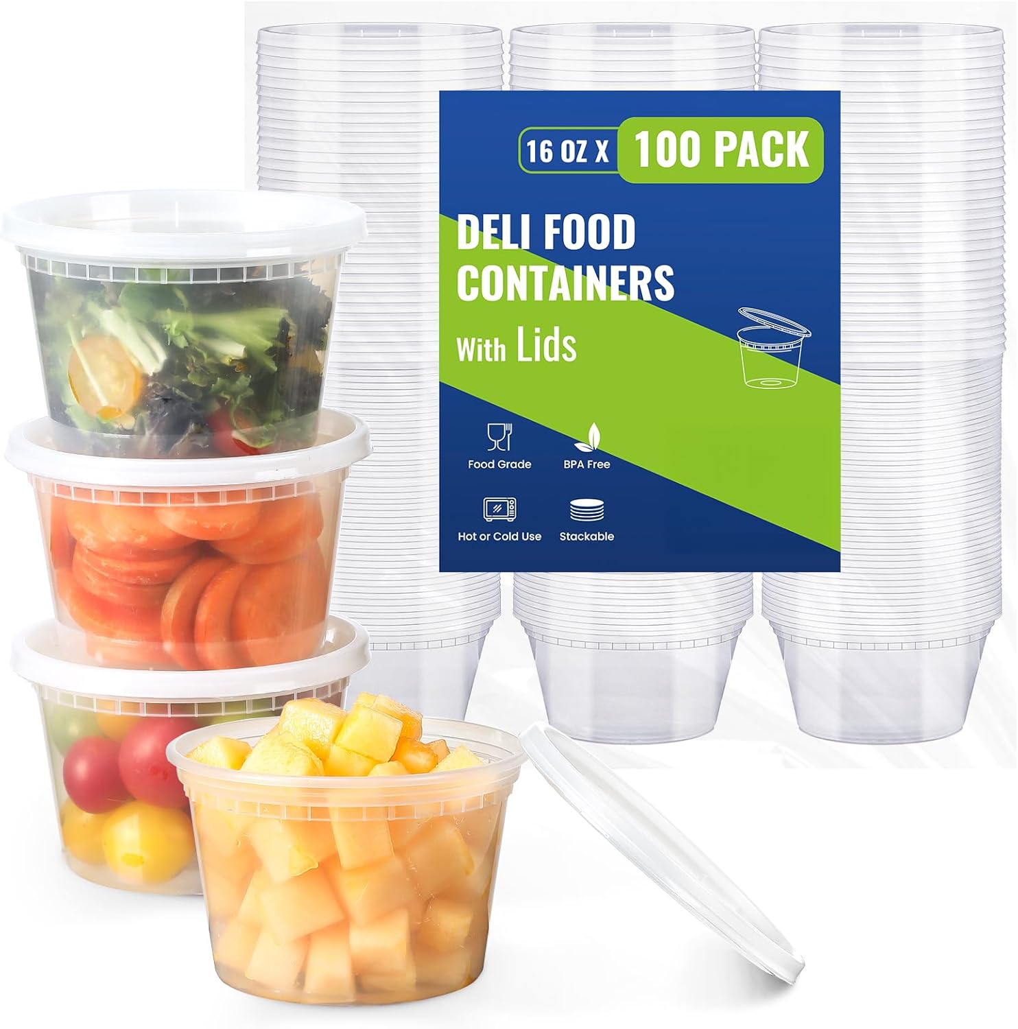 AOZITA 100 Sets 16 oz Plastic Deli Containers With Lids, Airtight Food Storage Containers, Freezer/Dishwasher/Microwave Safe, Takeout Meal Prep Storage