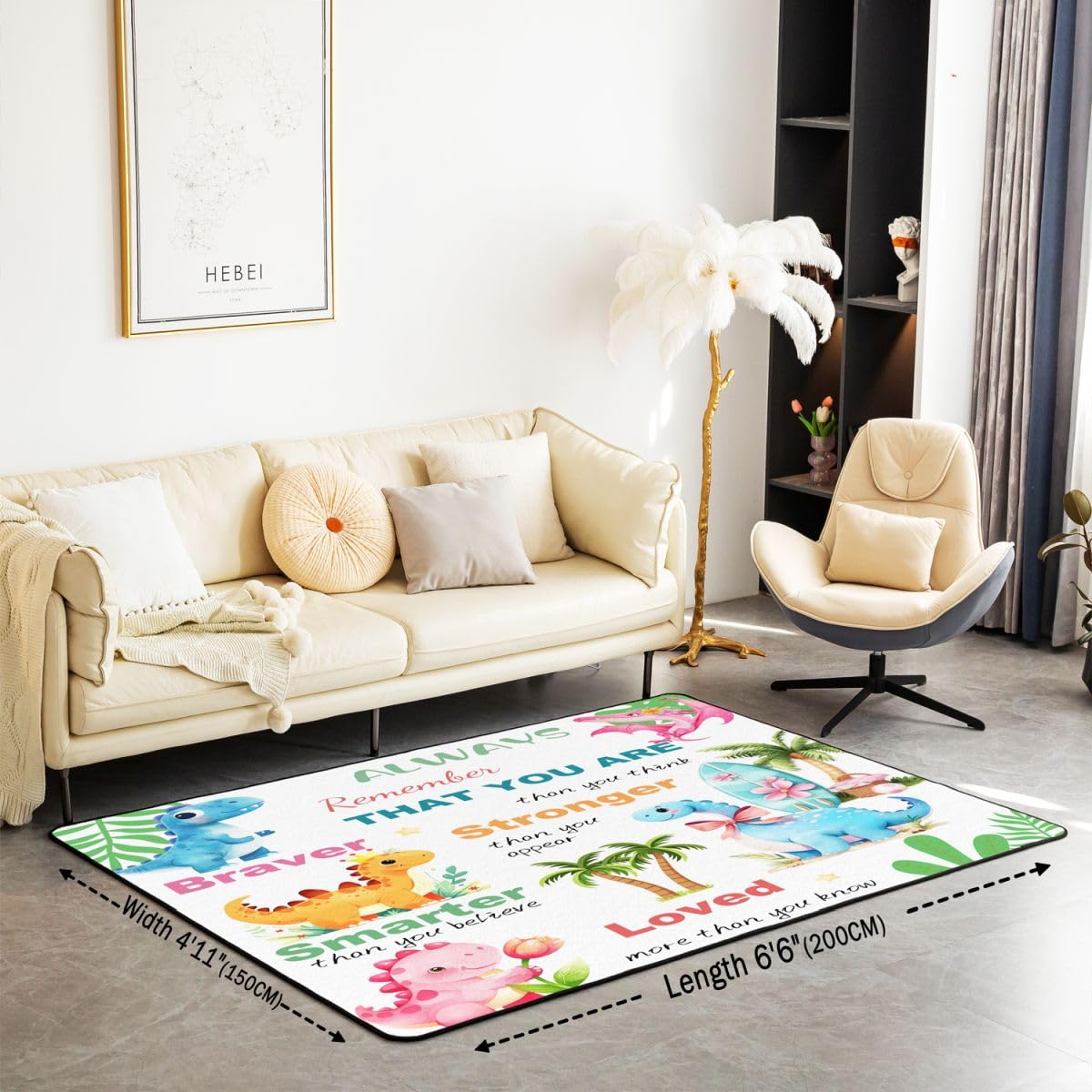 Homewish Kawaii Dino Teppich 100x150 Niedlicher Dinosaurier Rug Prähistorische Dinosaurier Teppiche Wohnzimmer Dschungel Tier Carpet Living Room Kinderteppich
