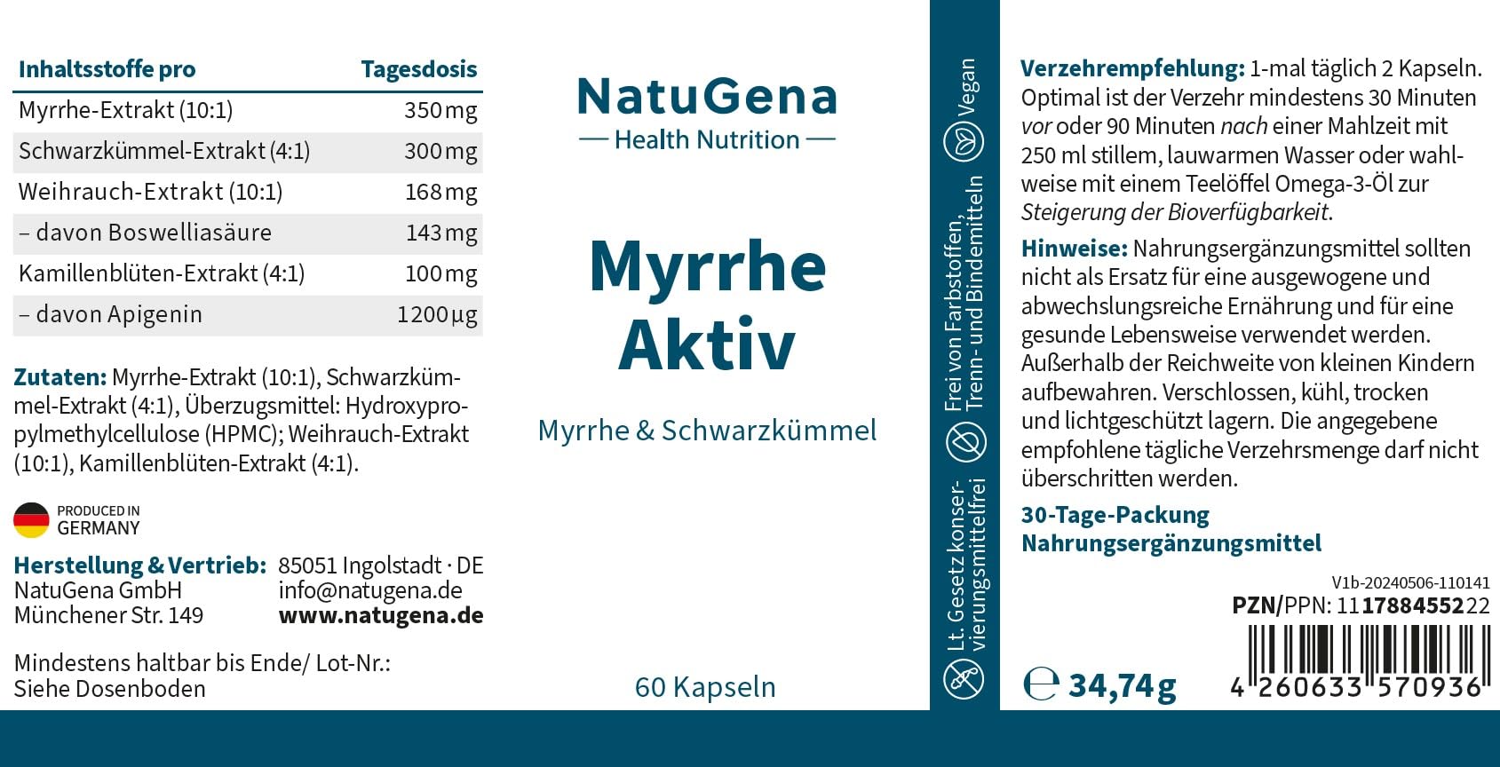 NatuGena MyrrheAktiv, 350 mg Myrrhe-Extrakt & 300 mg Schwarzkümmel-Extrakt, Weihrauch- und Kamillenblüten-Extrakt, 60 Kapseln (1 Monats Packung)