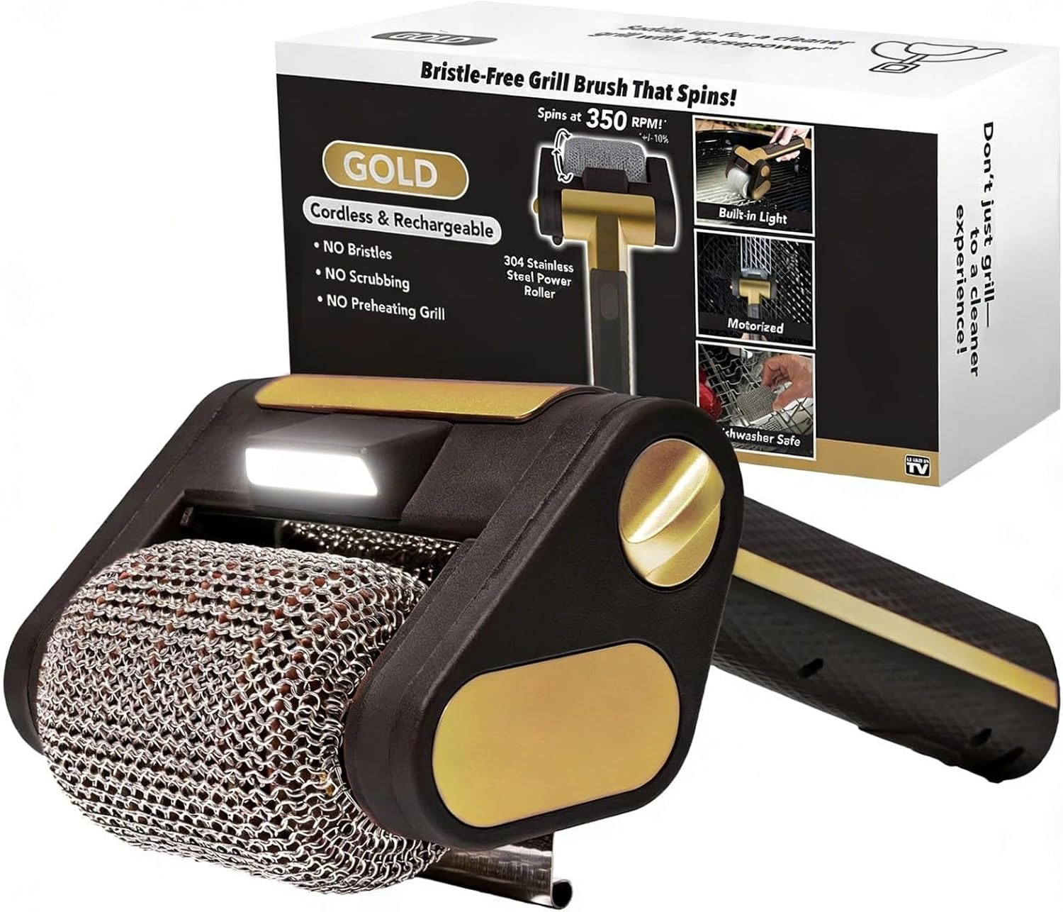 Motorized Grill Brush Electric Grill Brush Electric Cleaner w/LED and Longer Run Time Bristle-Free Stainless Steel No Preheating 350 RPM for Outdoor Grill(Brown)