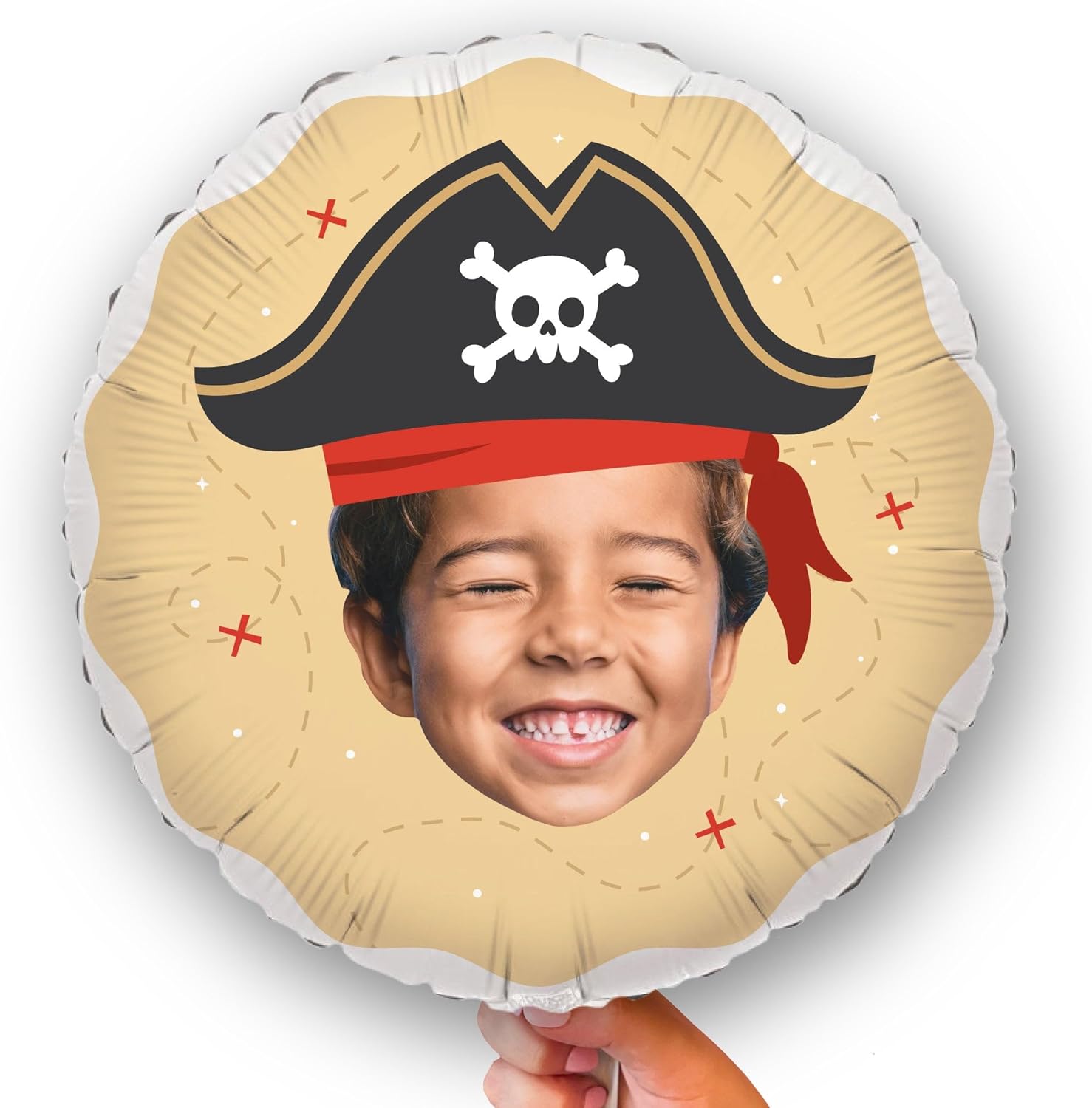 Big Dot of Happiness Personalized Pirate Hat Fun Face Photo Balloon, Pirate Ship Adventures Skull Birthday Party Decoration, Custom Double-Sided Circle Mylar, 1 Piece