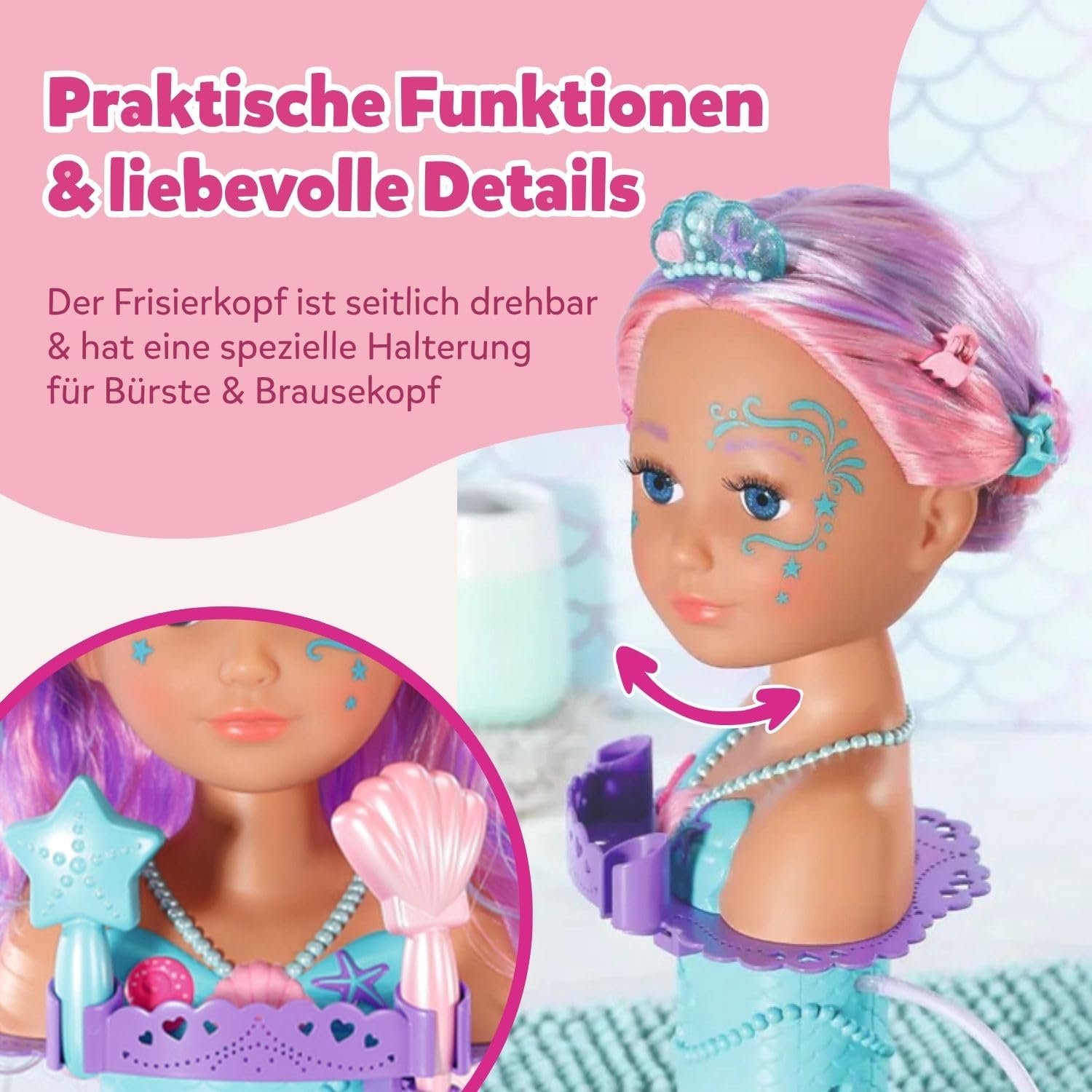 BABY Born Stylingkopf Meerjungfrau - Puppen Schmink- & Frisierkopf für Kinder ab 3 Jahren - Drehbar & für die Badewanne geeignet - Mit Wasserfunktion, Bürste, Diadem & Zubehör