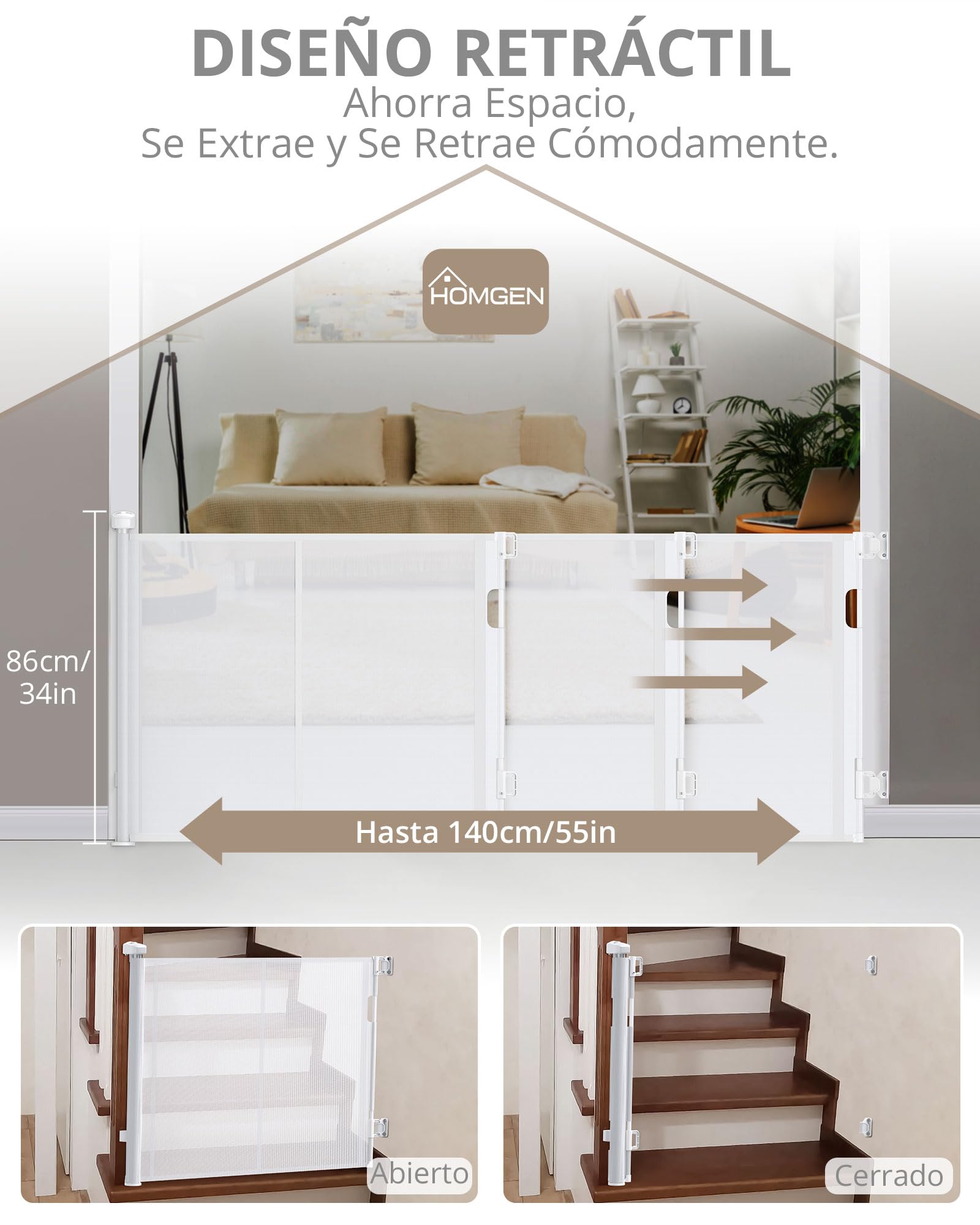 HOMGEN Barrera Seguridad Niños Escalera 0-140cm Puerta Seguridad Bebé Extensible - Protección Ajustable para Niños y Perros con Fibra de Vidrio, Bloqueo Seguro y Base Regulable