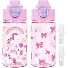 Kids Water Bottle with Bite & Sip Straw, Pink Unicorn/Bowknot