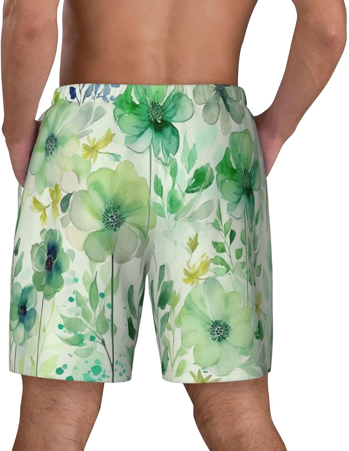 Men's Swim Trunks 2 in 1 Quick Dry Bathing Suits Watercolor Green Flowers Beach Board Shorts Swimwear