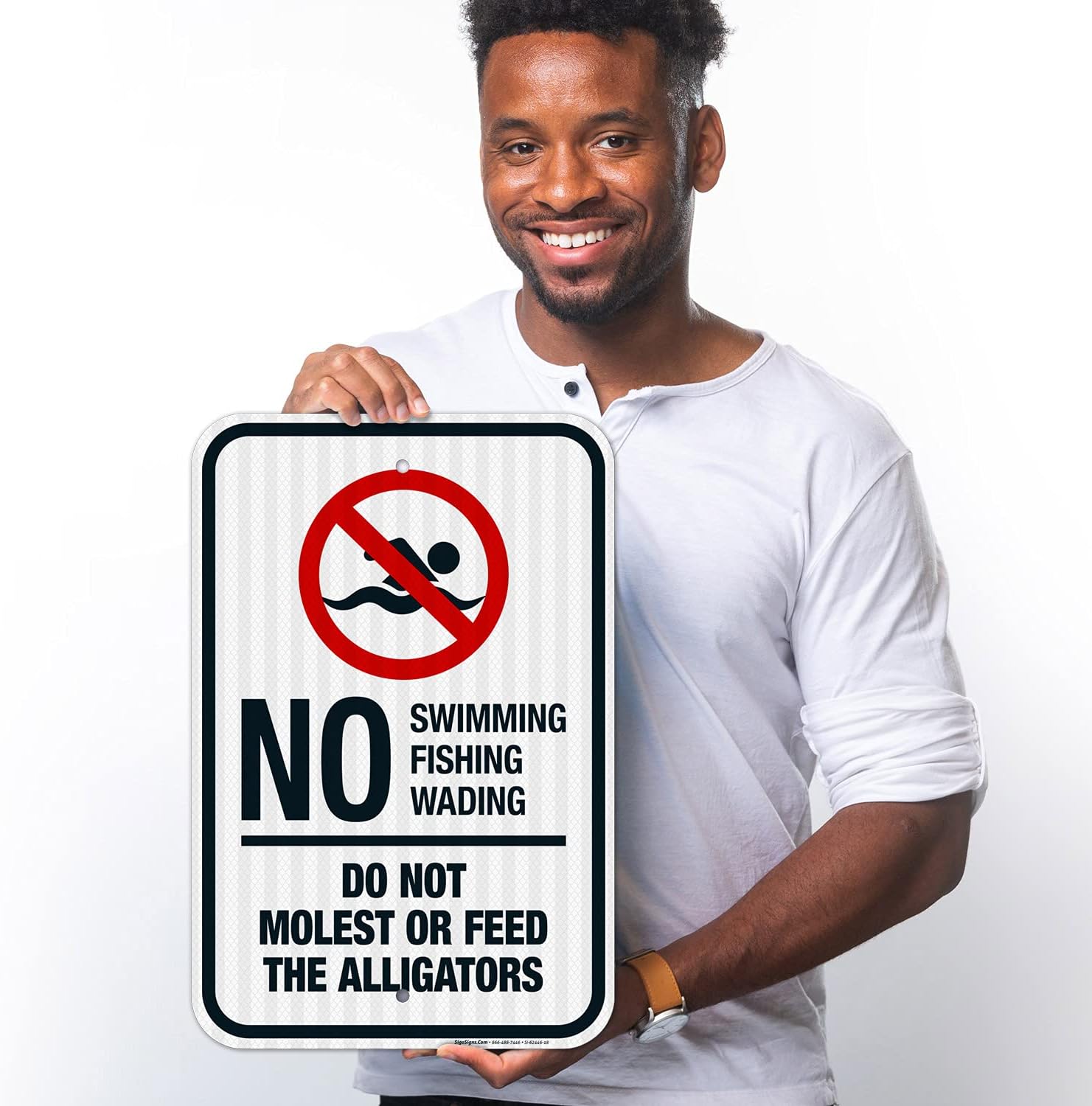 Warning No Swimming Fishing Wading Do Not Molest Or Feed The Alligators Sign, 12x18 Inches, 3M EGP Reflective .063 Aluminum, Fade Resistant, Made in USA