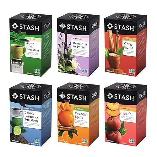 STASH Paquete variado de té negro, con cafeína, 6 cajas de 18-20 bolsas de té cada una, especias de naranja, melocotón, doble bergamota Earl Grey,
