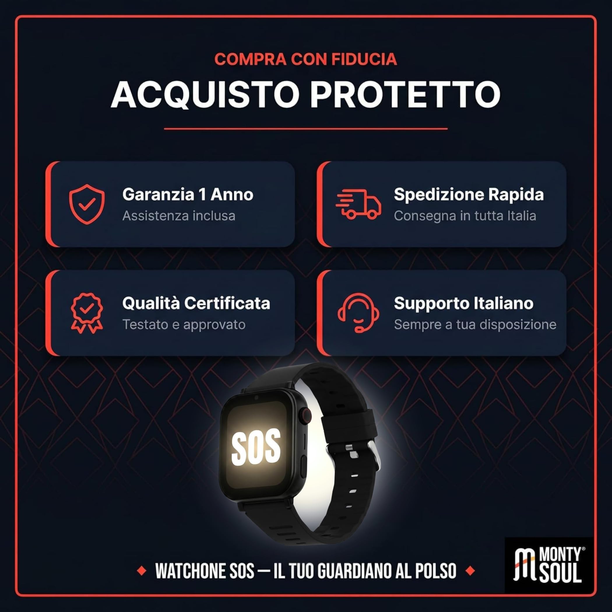 Smartwatch di Sicurezza per Bambini/Anziani con SOS, Videochiamate, Allarme Anticaduta, Monitoraggio Salute e Localizzazione Multipla (GPS + AGPS + LBS + WiFi) – (WatchOne SOS)