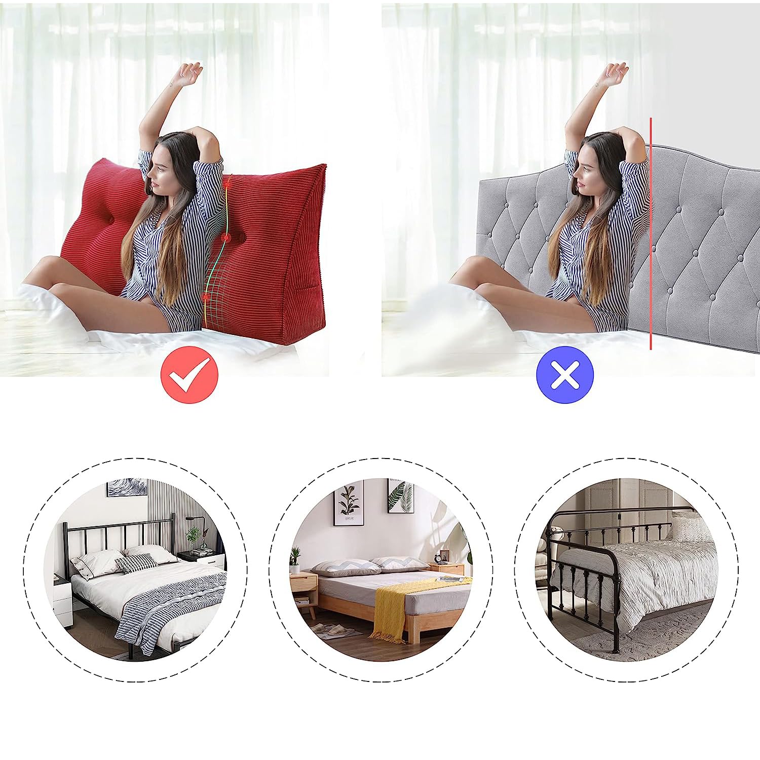 Cuscino a cuneo per letto con copertura rimovibile, cuscino triangolare per testiera per divano letto, supporto per testiera, 80 x 50 x 20 cm, colore rosso