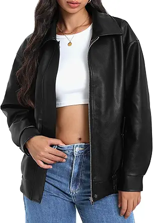 Casly Lamiit Women's Faux Leather Oversized Motorcycle Zipper Bomber Jacket