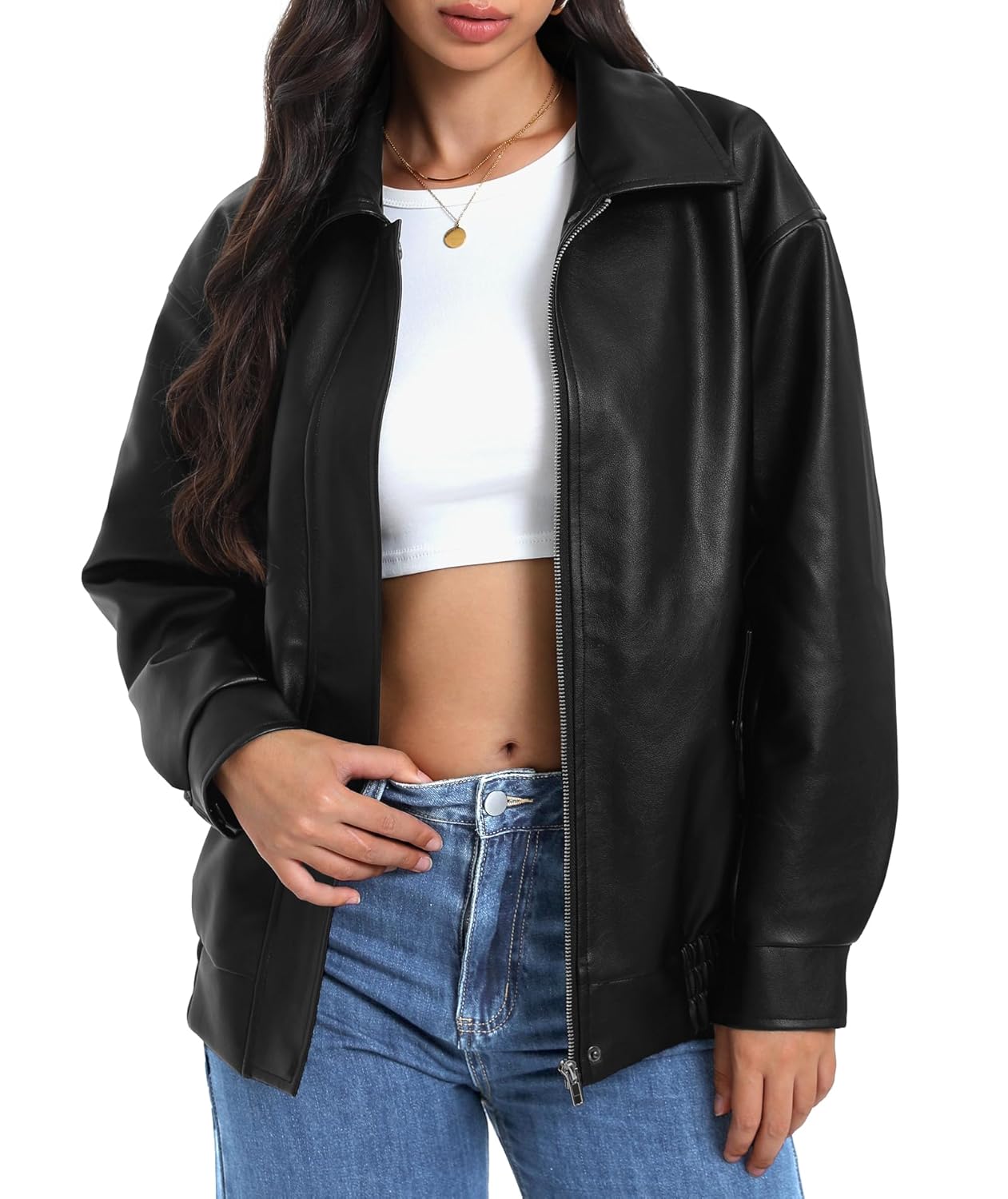 Casly Lamiit Womens Faux Leather Jacket Oversized Motorcycle Zipper Bomber Coats Fashion Casual Travel Outfits
