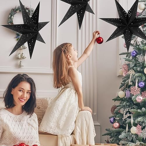 Miniatura 2 de 3 linternas de papel con estrellas de Navidad, 3D colgantes, estrellas de papel negro de 20 pulgadas, para Navidad, carnaval, boda, graduación,