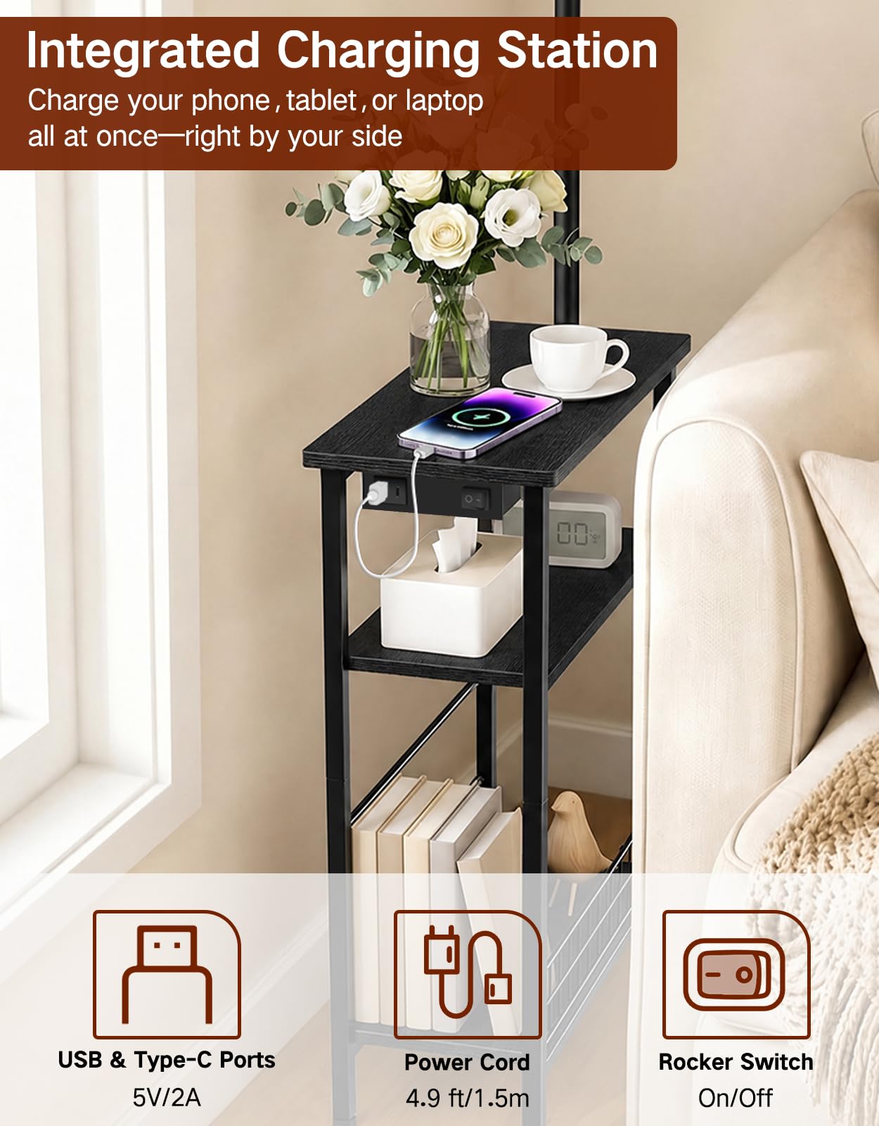 Lámpara de Pie con Mesa y Puertos USB-A/USB-C | Mando a Distancia, 3 Temperaturas de Color, Regulación Continua y Diseño Estrecho para Dormitorio y Salón