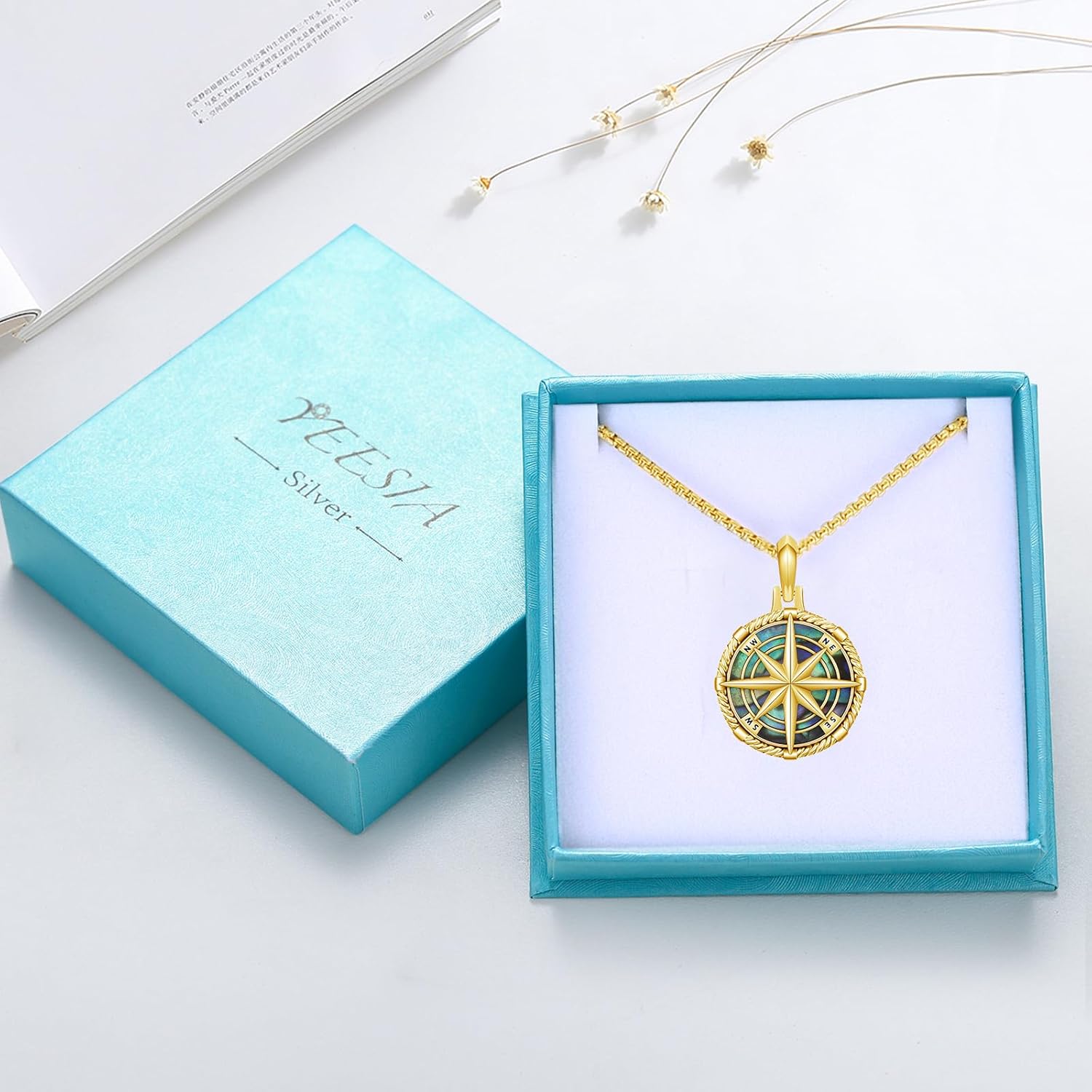 Compass Necklace for Men Women, 925 Sterling Silver Gold Abalone Pendant Necklace, Retro Pendant Jewelry Gift for Men Women