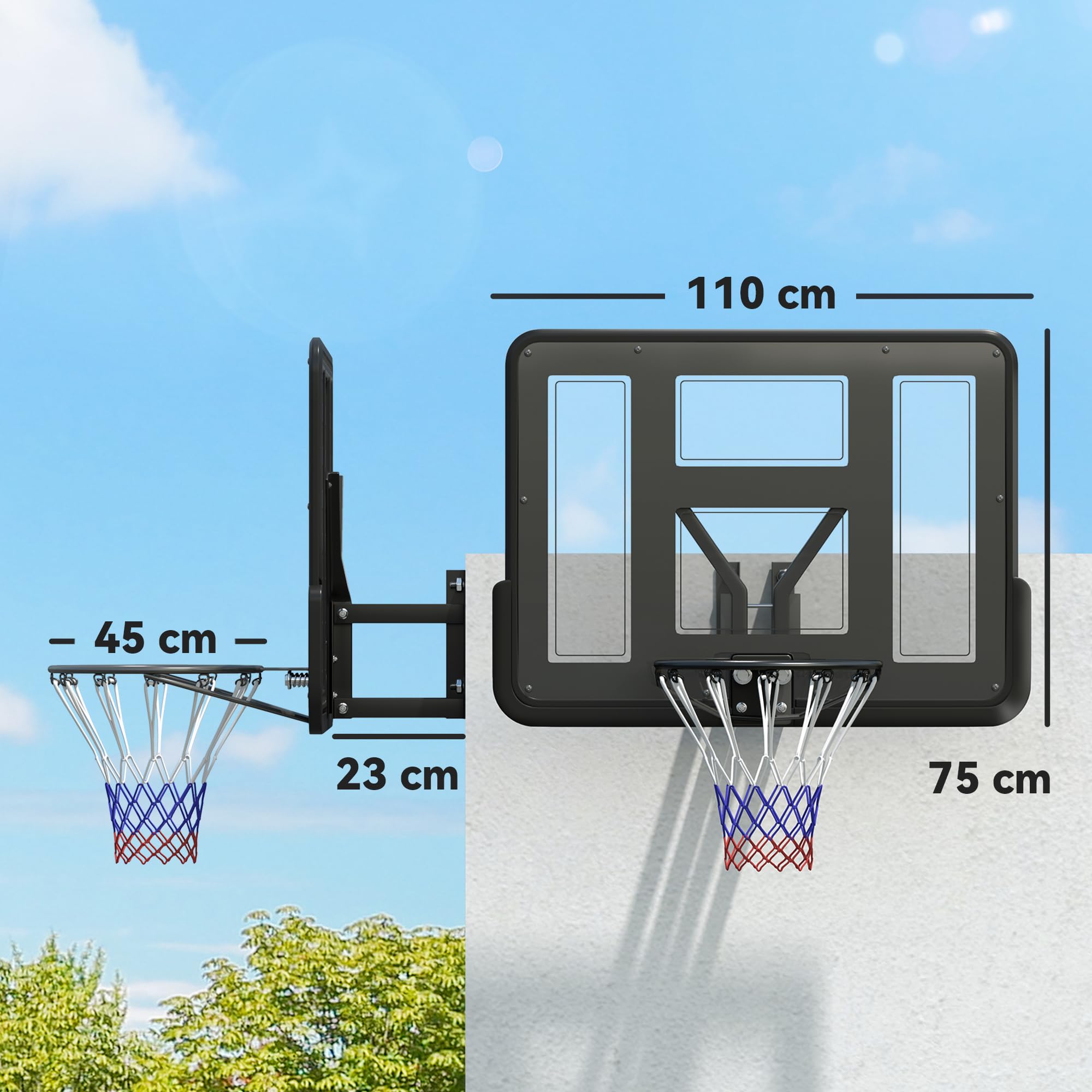 SPORTNOW Canasta de Baloncesto de Pared 110x75 cm Tablero Irrompible Red Resistente Negro