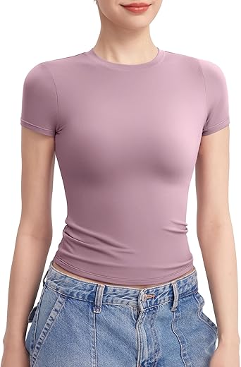 PUMIEY Womens Crew Neck Short Sleeve Tops Double Lined Slim Fit T Shirts Basic Tee Smoke Cloud Pro Collection