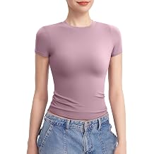 PUMIEY Womens Crew Neck Short Sleeve Tops Double Lined Slim Fit T Shirts Basic Tee Smoke Cloud Pro Collection
