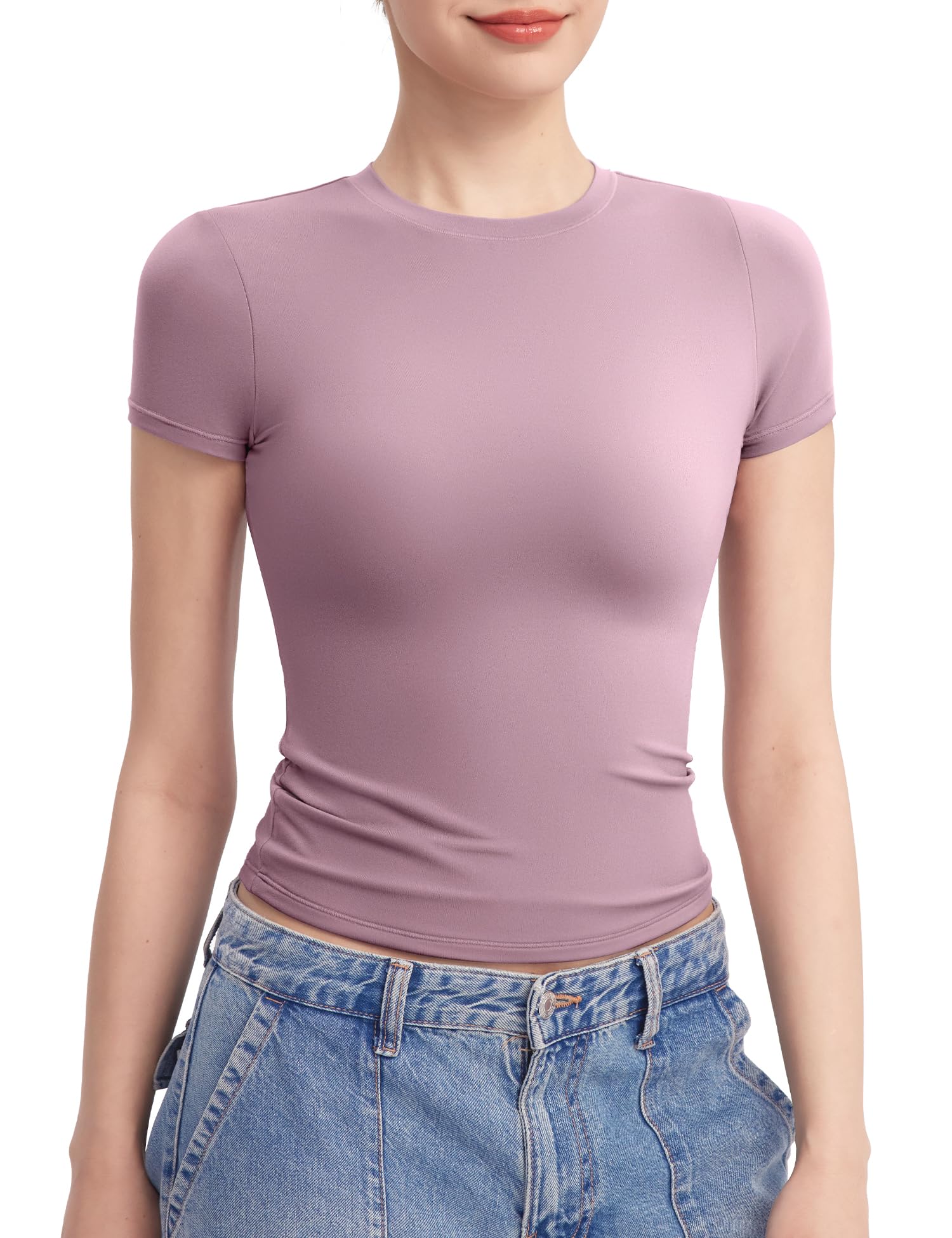 PUMIEY Women's Crew Neck Short Sleeve Tops Double Lined Slim Fit T Shirts Basic Tee Smoke Cloud Pro Collection