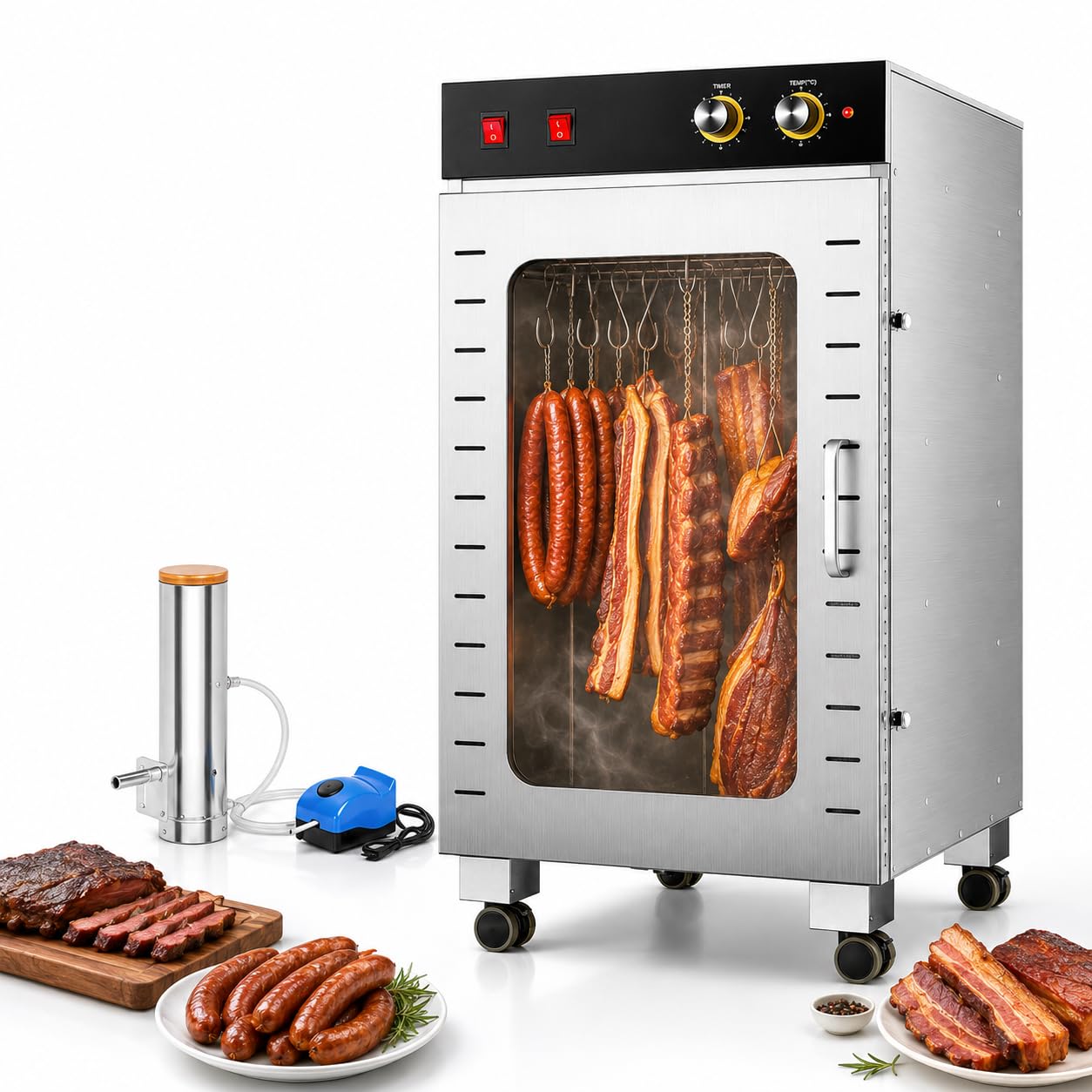 Essiccatore per Carne 1600 W, Essiccatore Alimentare Inox con Ganci Rotanti Automatici, capacità 10/30 kg, Temperatura e Timer Regolabili per Jerky Salsicce Carne Secca e Pesce 30kgSmoke