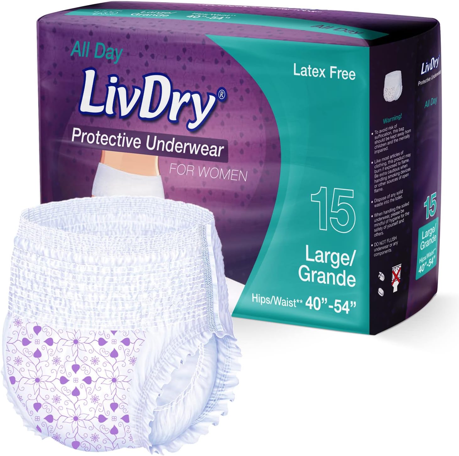 LivDry Adult Incontinence Underwear, Extra Absorbency with Women's All Day Bundle - Large, Bag : Health & Household