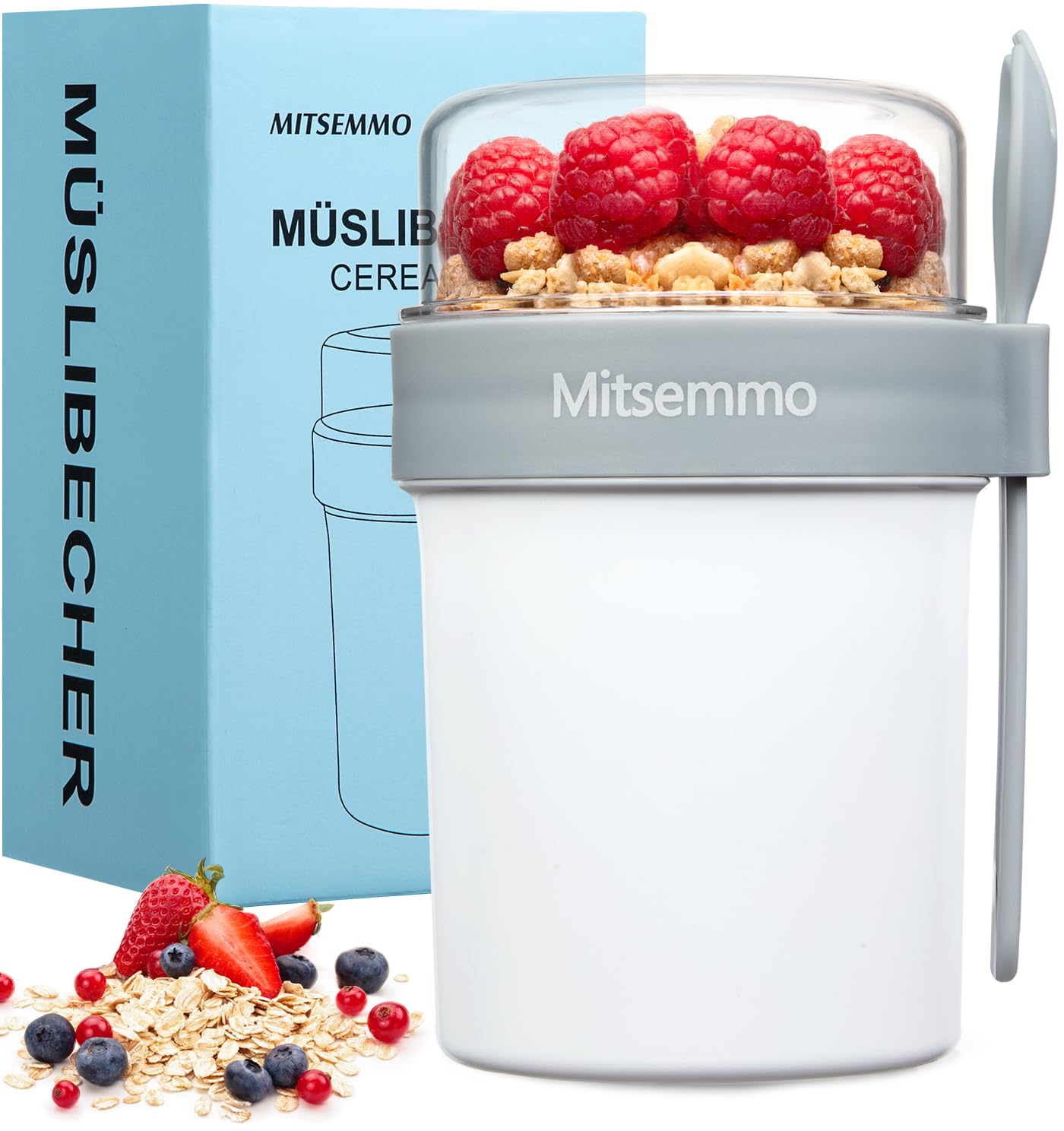Mitsemmo Müslibecher To Go 760ml+230ml, Müsli Cup, Joghurtbecher Mit Löffel, Cornflakes, Müslidose, Müslischale, Frühstücksdose, Müslibox, Joghurt Becher
