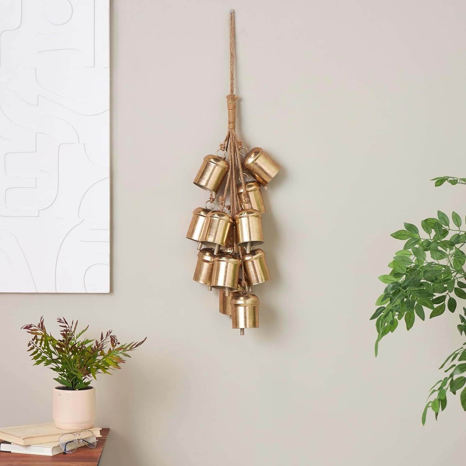 Deco 79 Metal Indoor Outdoor Decorative Bells Cluster Meditation Bell with Jute Hanging Rope, Cow Bell 9" x 9" x 25", Gold