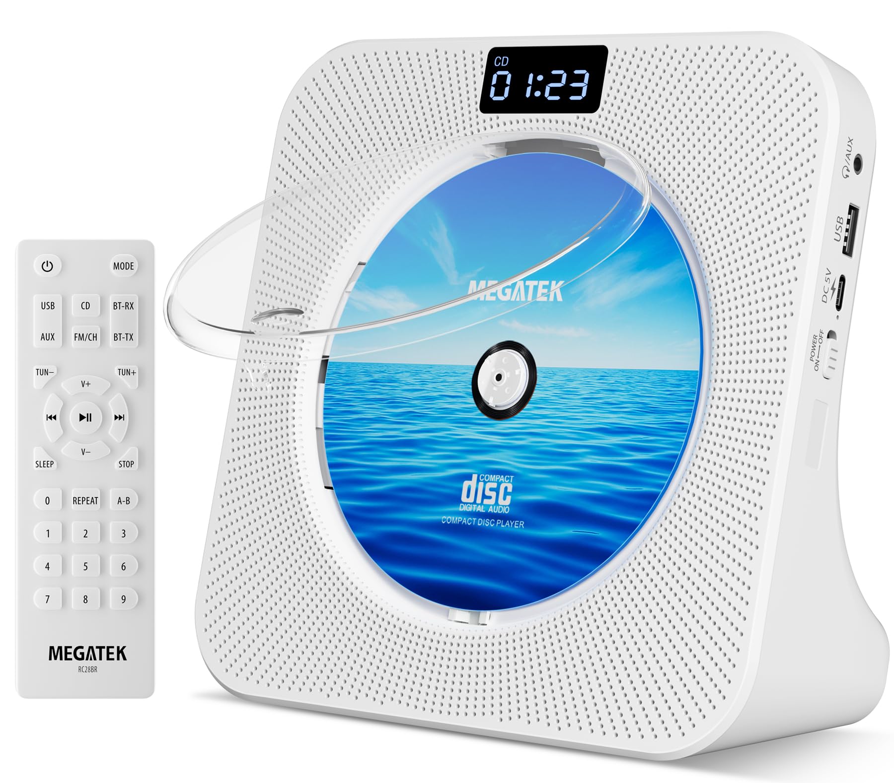 MEGATEK Portable CD Player for Computer with Bluetooth and Built-in Stereo Speakers, FM Radio, USB, LED Display, AUX/Headphone Jack, Remote Control, White-picture-19
