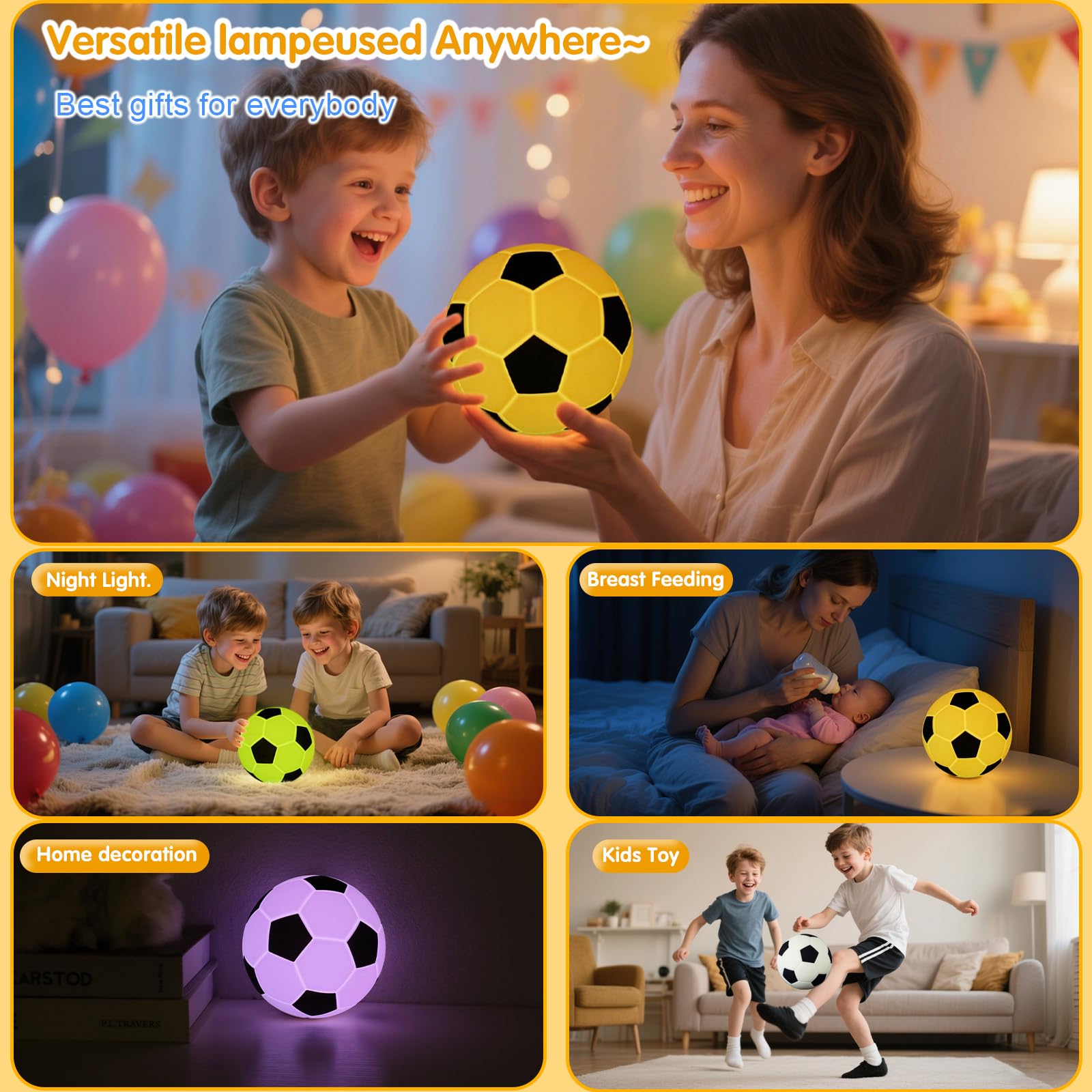 Luce notturna in silicone a forma di calcio, piccola lampada ricaricabile dimmerabile con tocco morbido, morbida lampada da comodino, graziosa decorazione per la stanza dei bambini