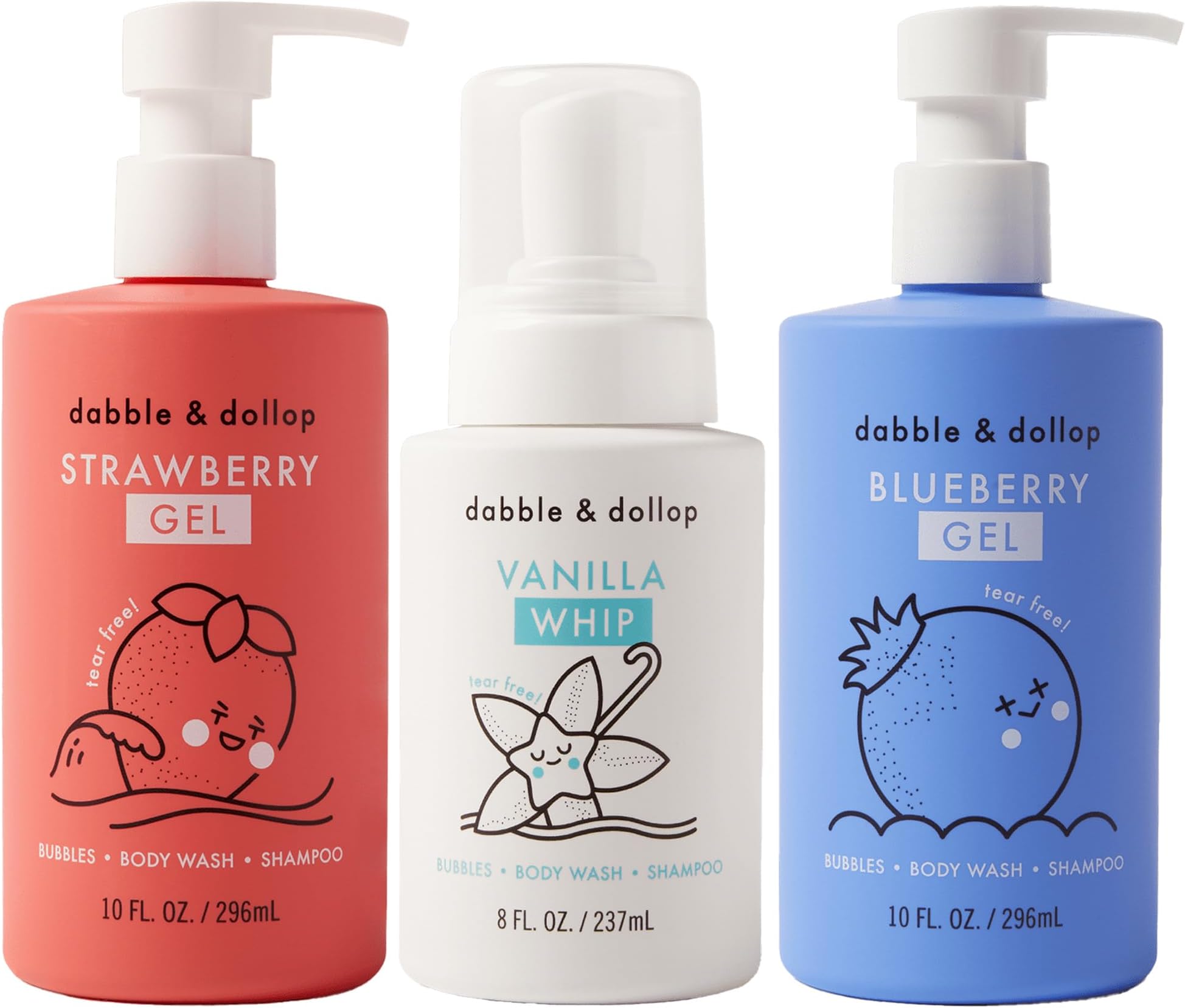 Dabble & Dollop USA Bundle, 3-in-1 Natural Bubble Bath, Body Wash & Shampoo for Kids, Paraben & Sulfate Free, Vegan, Tear-Free, Strawberry, Vanilla & Blueberry (Set of 3)