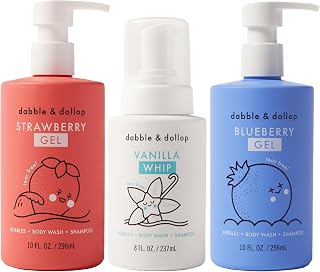Dabble & Dollop USA Kids 3-in-1 Body Wash, Shampoo & Bubble Bath Variety Set – Strawberry, Blueberry & Vanilla, Tear-Free, Gentle, Hypoallergenic and Safe for Sensitive Skin (Pack of 3)