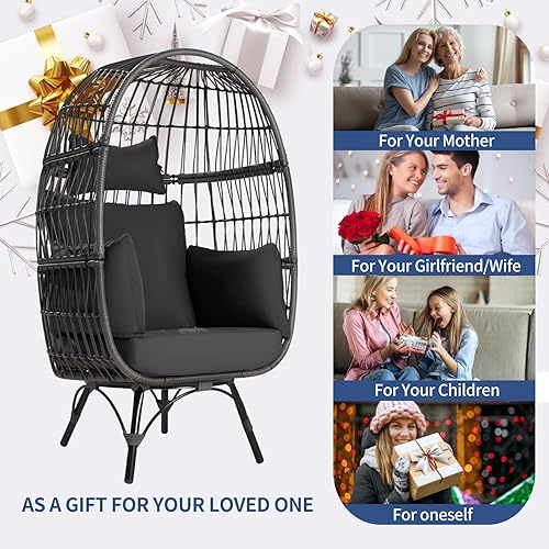 Miniatura 8 de NICESOUL Silla estacionaria de huevo para patio con cojines gruesos, para interiores y exteriores, silla de mimbre más grande con cesta de huevos de