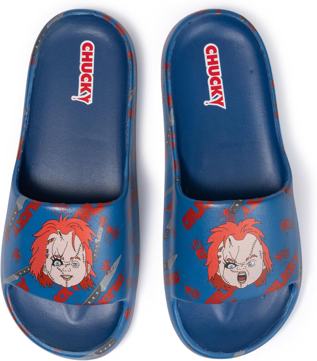Chucky Pool Sandals Men's Blue All-Over Print Pool Slides - Quick-Dry Beach Doll Motifs Flip-flops, Adult Sizes 8/9-12 Water Shoes for Fans