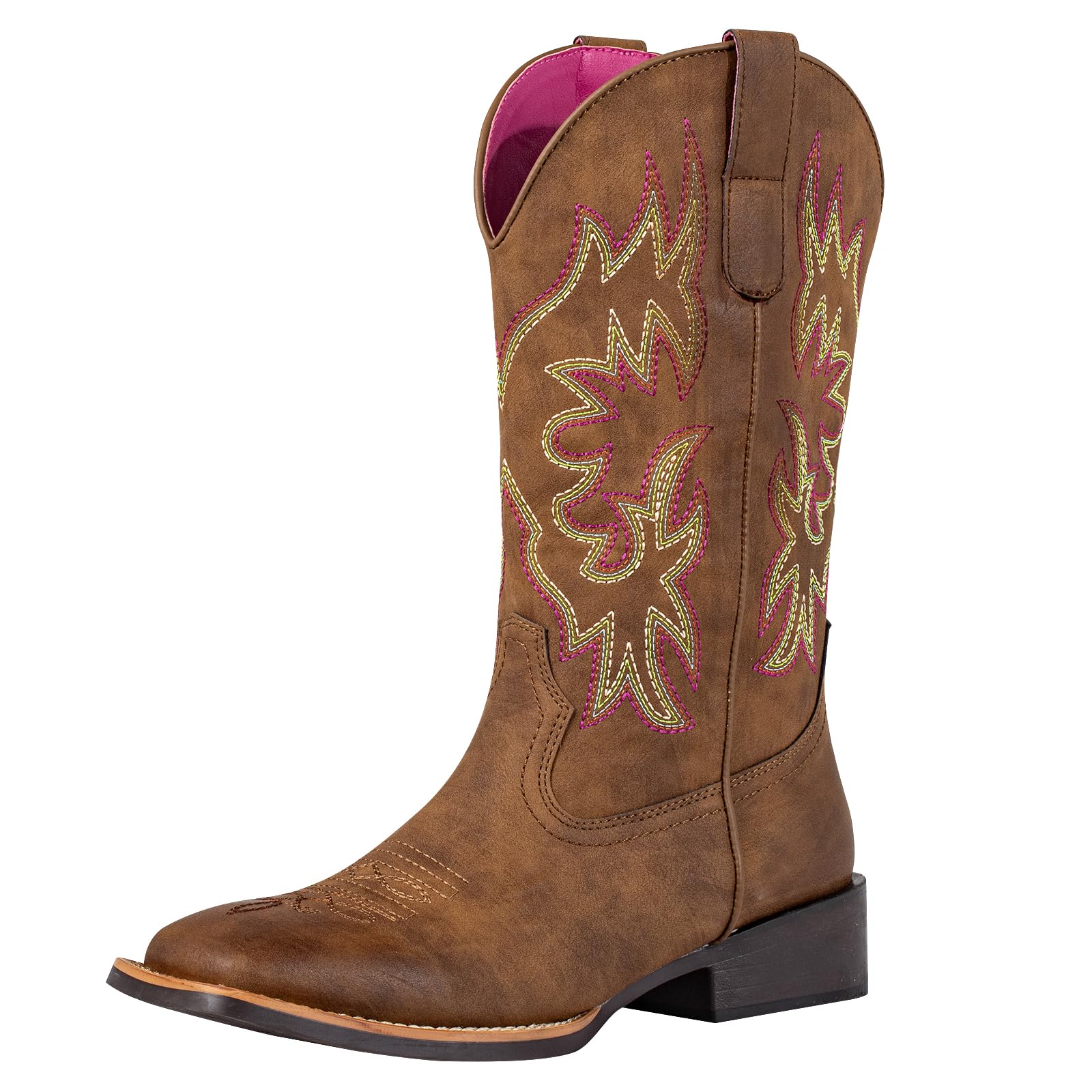 Cowboy Cowgirl Boots for Women Square Toe Embroidery Stitched Wide Calf Mid Shaft- Western Chunky Heel Fashion Boots