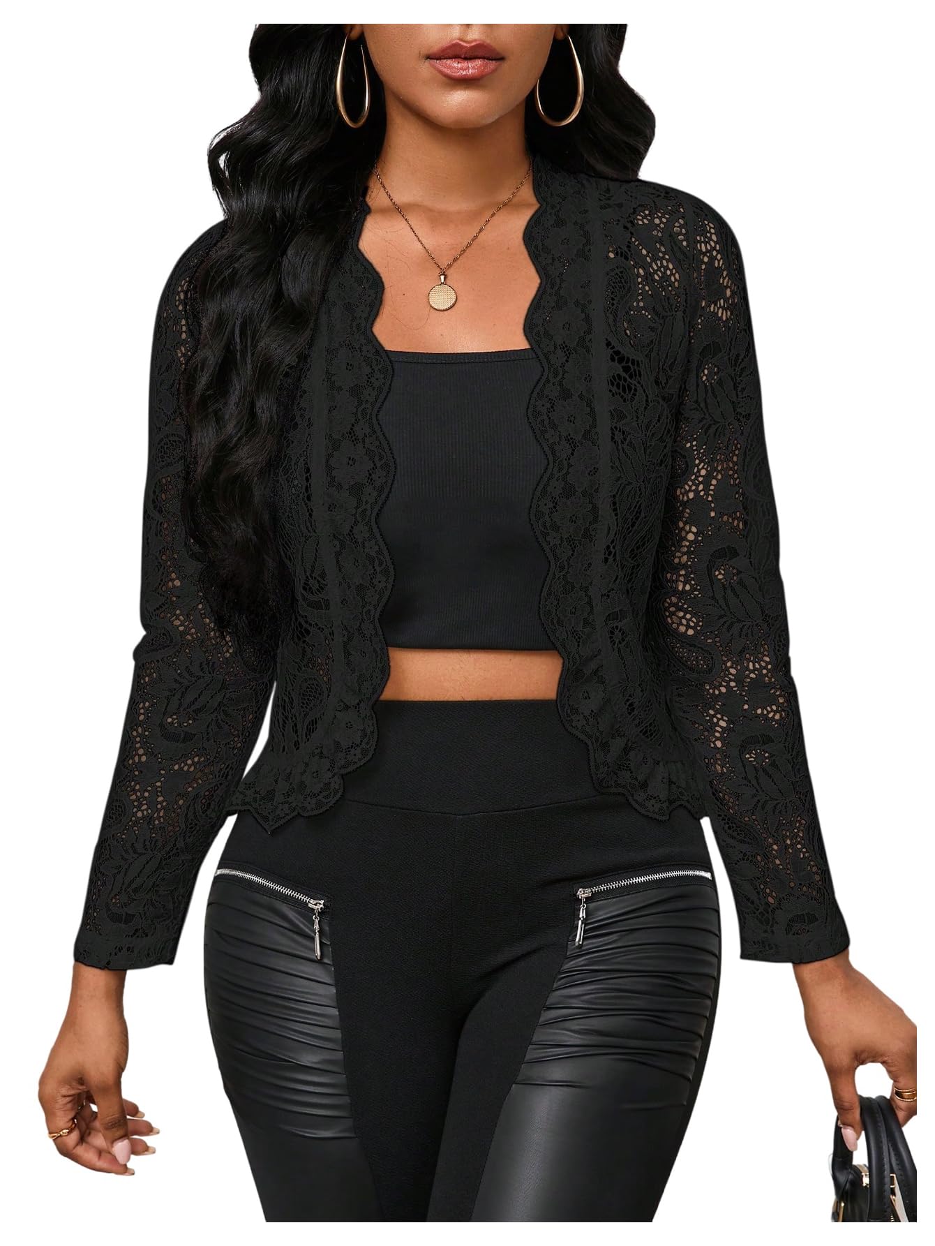 GORGLITTER Womens Lace Work Cropped Blazer Jacket Fall Open Front Long Sleeve Fitted Bolero Jackets Cardigan for Dress
