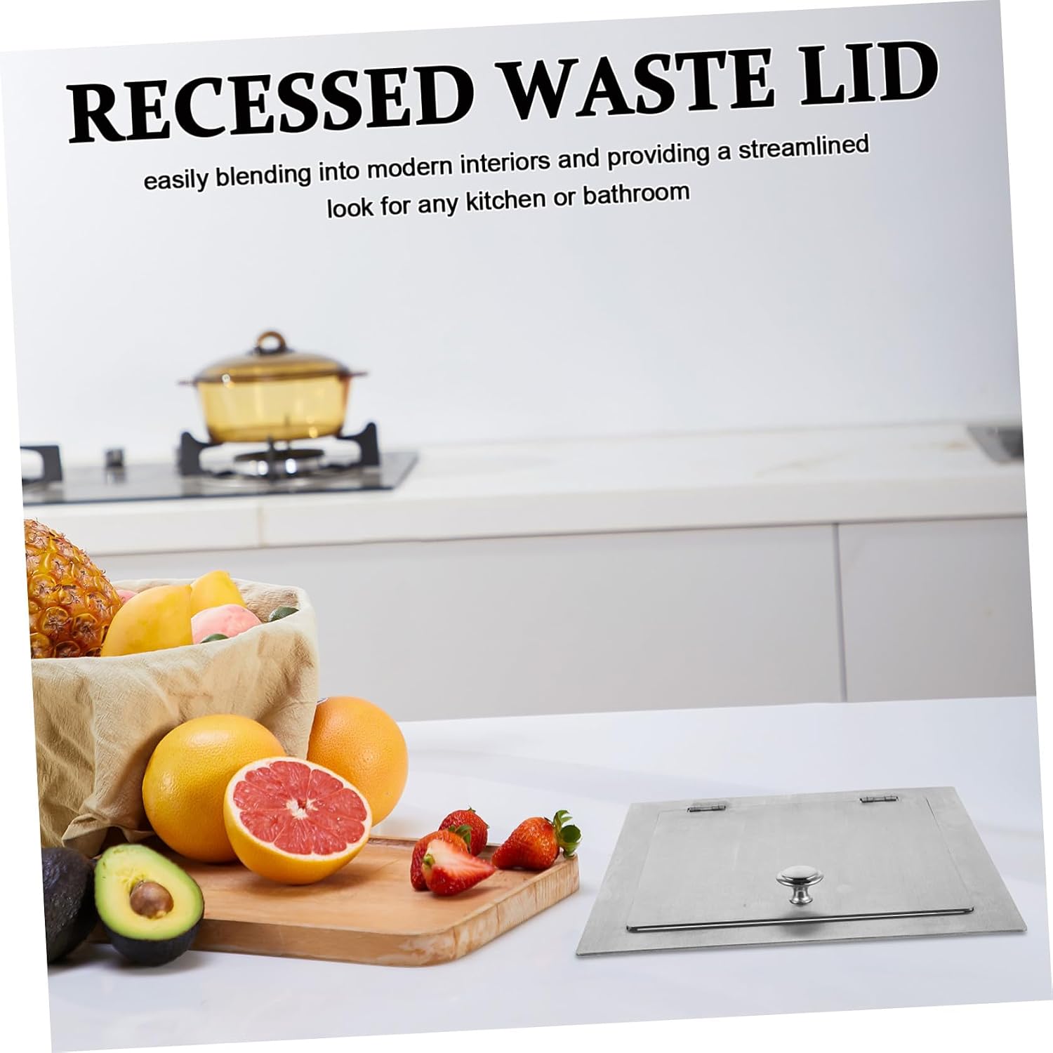 Built-in Countertop Trash Can Lid with Handle Knob, Stainless Steel Square Replacement Lid for Kitchen Sink Cabinet, Rust Resistant and Bad Smell Control, Modern Streamlined Look