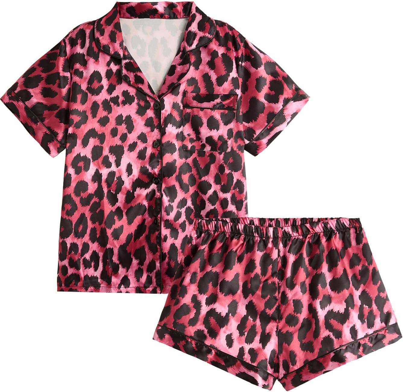 BEAUDRM Women's 2 Piece Satin Pajama Set Leopard Button Front Short Sleeve Cheetah Collar Shirt and Shorts Sleepwear Set Pjs