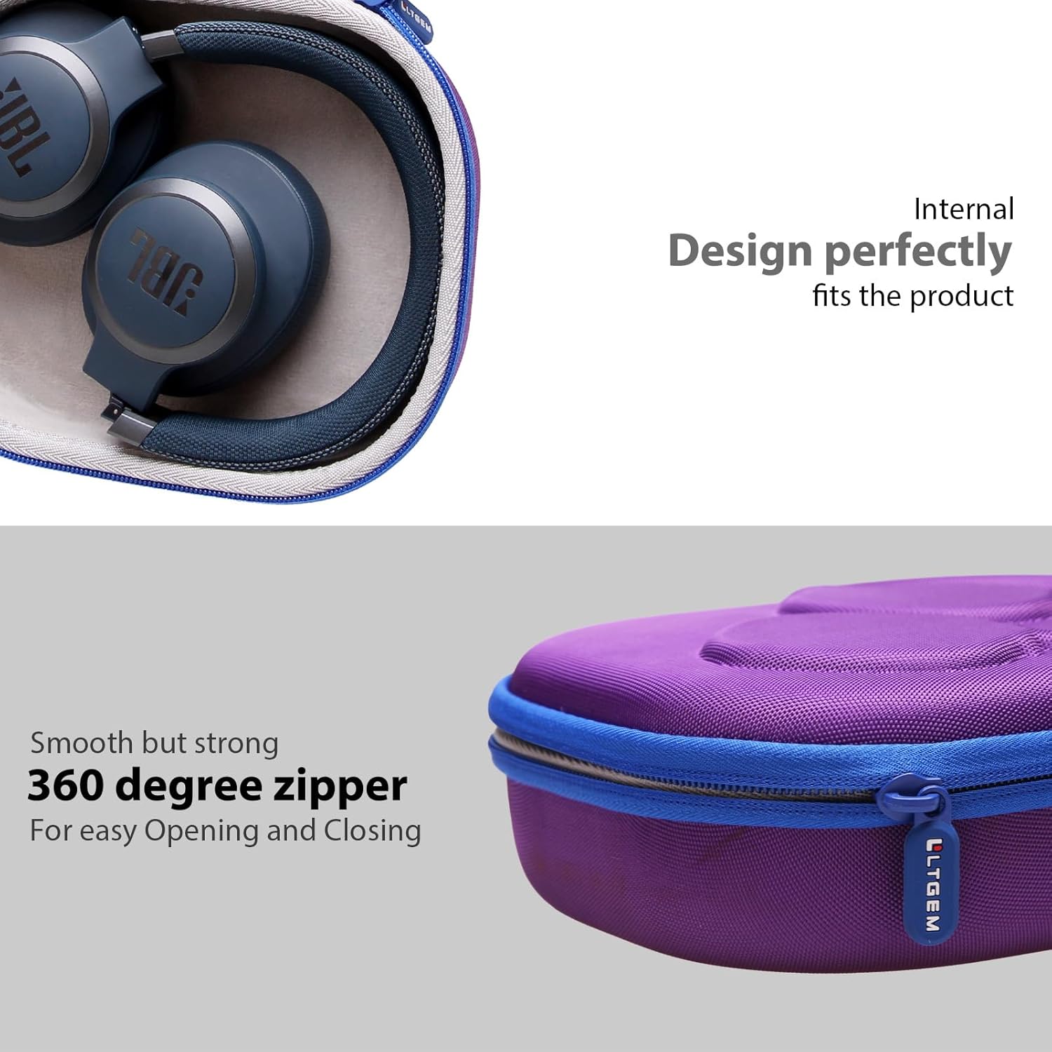 LTGEM EVA Hard Case for JBL Live 770NC/660NC/650BT/460NC/670NC/400BT/500BT and JBL Tune 770NC/710BT/720BT/760NC/700BT/750BT/510BT/660NC/520BT/500/E45BT Bluetooth Wireless Headphone(Purple+Grey) - Image 5