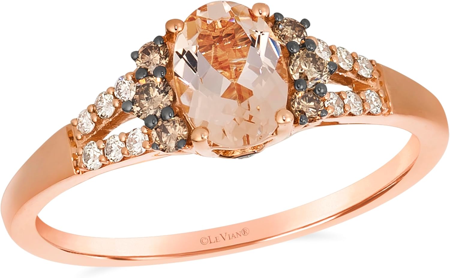 LE VIAN 1/4 Carat White and Chocolate Diamond With 1/2 Carat Pink Morganite Ring for Women | 14K Rose Gold Oval Wedding Ring for Her (White/Brown, 0.23 Cttw) Promise Anniversary Band Size 7