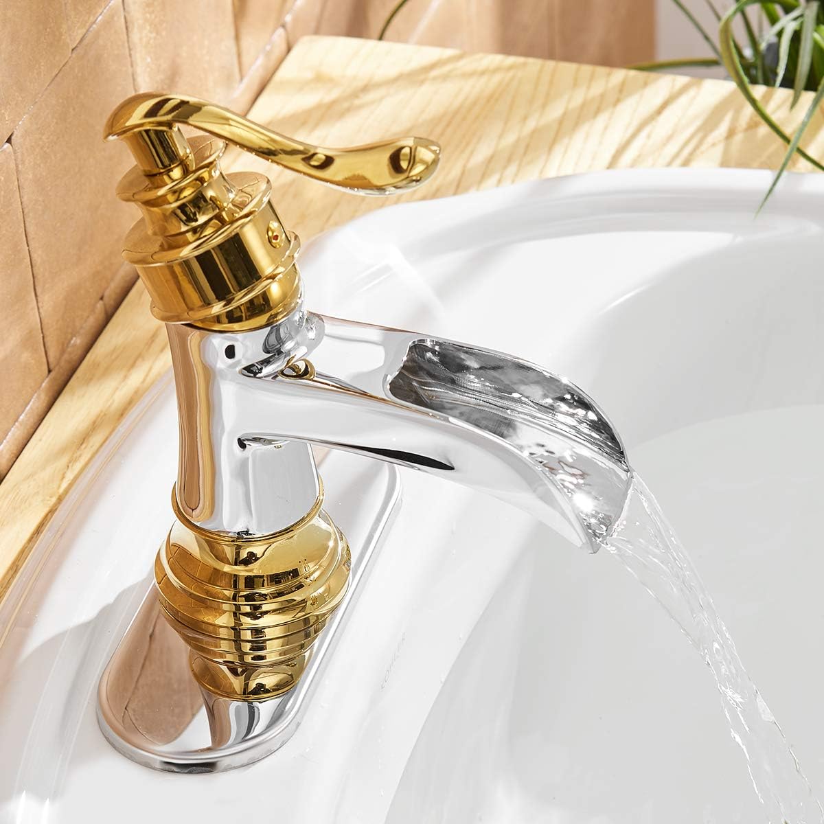 Exclusive Discount 🔥 BWE Bathroom Faucet Waterfall Single Handle Chrome and Gold Vanity with Pop Up Drain Stopper with Overflow One Hole Lever Bath Sink Basin Restroom Mixer Tap Commercial Supply Line Lead-Free