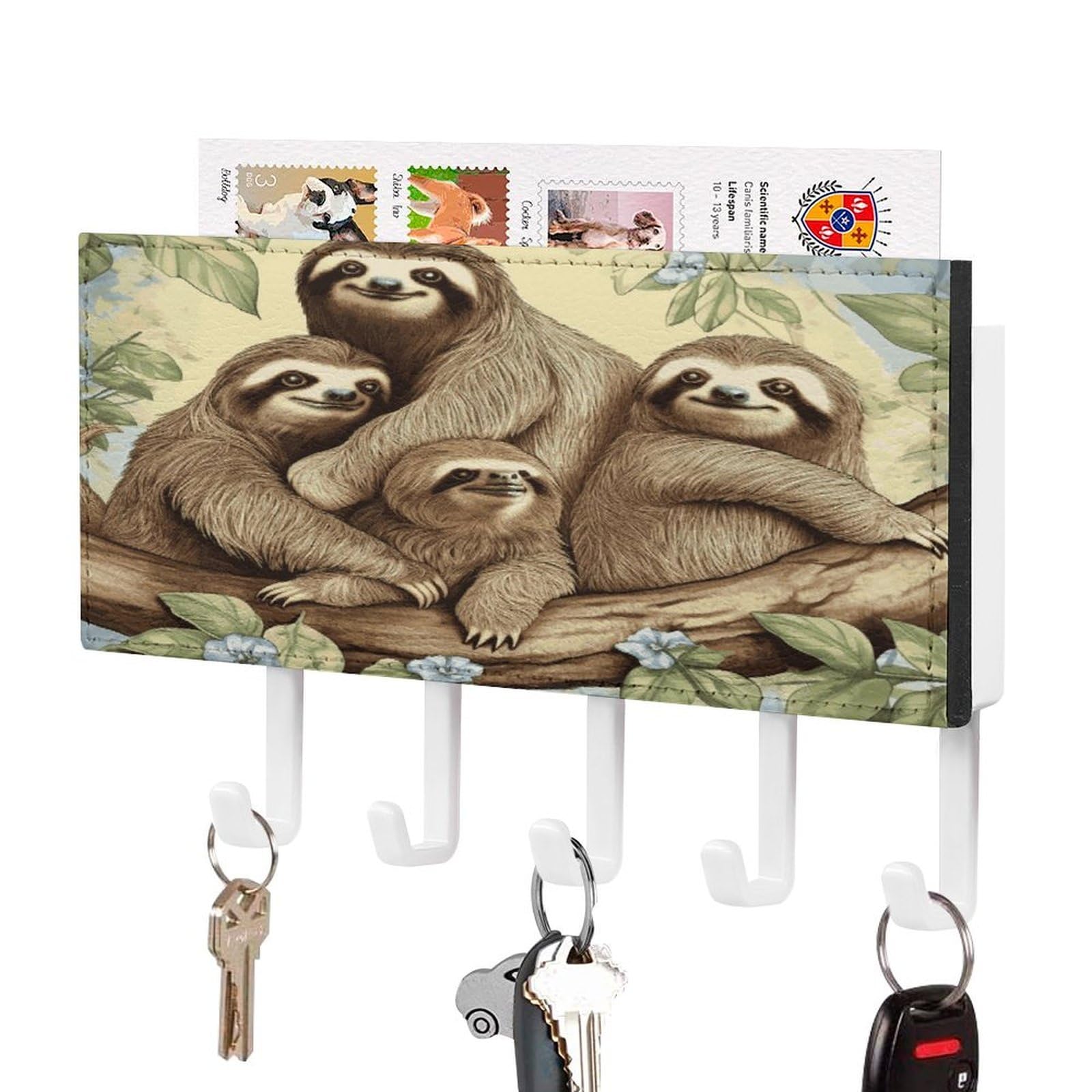 LDGSUPH Sloth Family Key Holder Wall Mount Key Hanger with 5 Hooks Fashion Key Organizer Rack Hanging Key Hooks with Mail Organizer Key Rack for Home Entryway Hallway White-Style